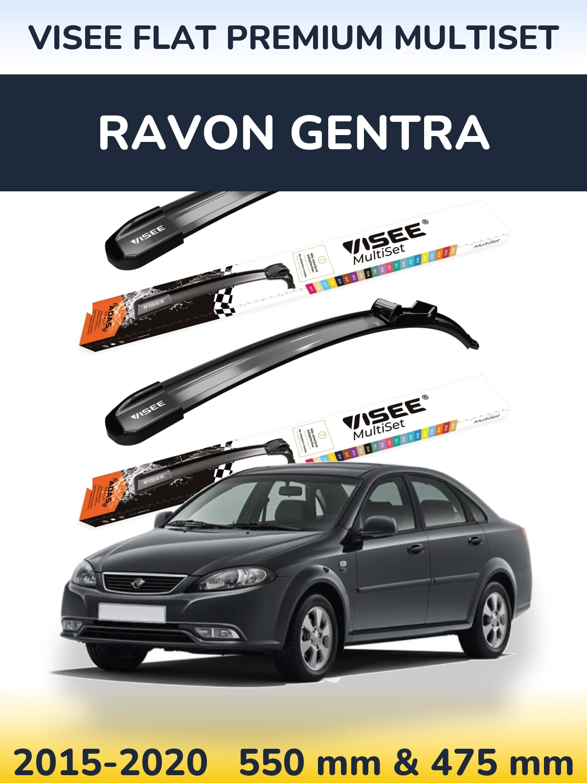 Komplet przednich wycieraczek VISEE FLAT PREMIUM MultiSet 550 & 475 mm do Ravon Gentra 2015-2020