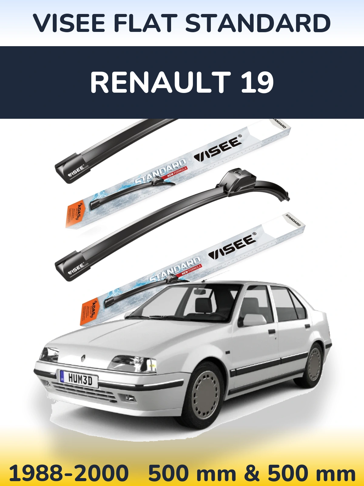 Front wiper blade set VISEE FLAT STANDARD 500 & 500 mm for Renault 19 1988-2000