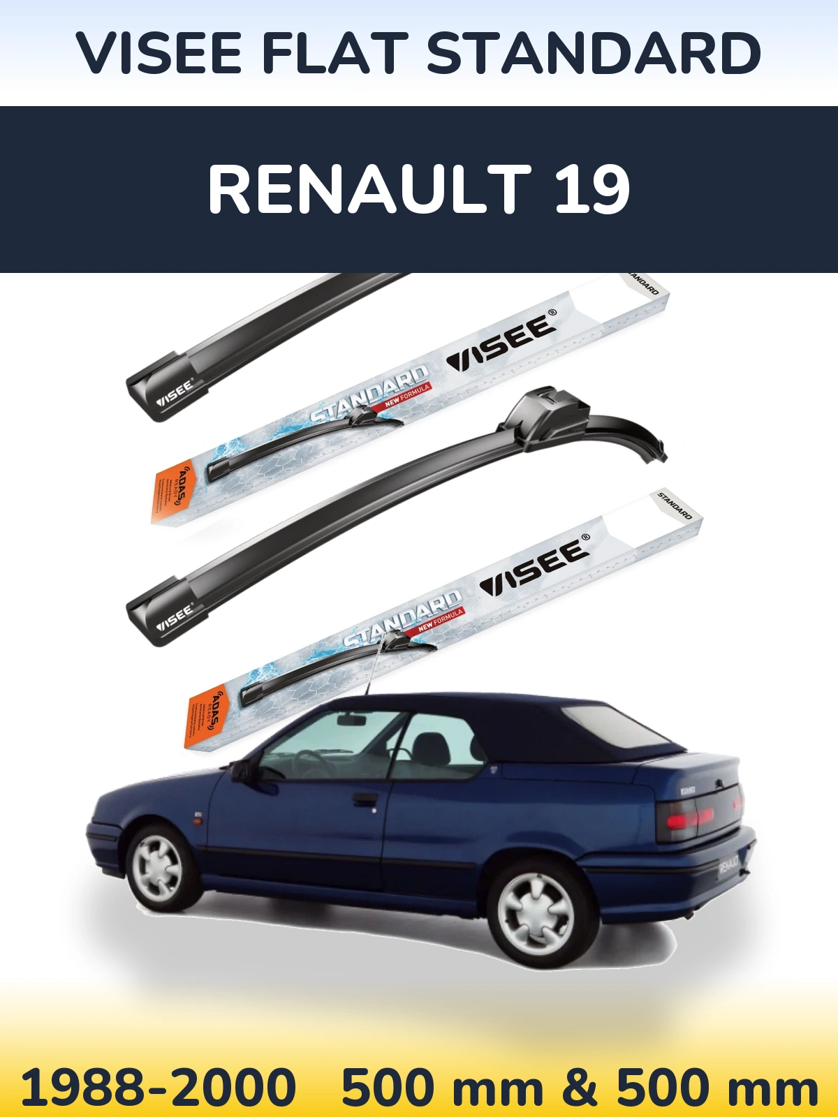 Front wiper blade set VISEE FLAT STANDARD 500 & 500 mm for Renault 19 1988-2000