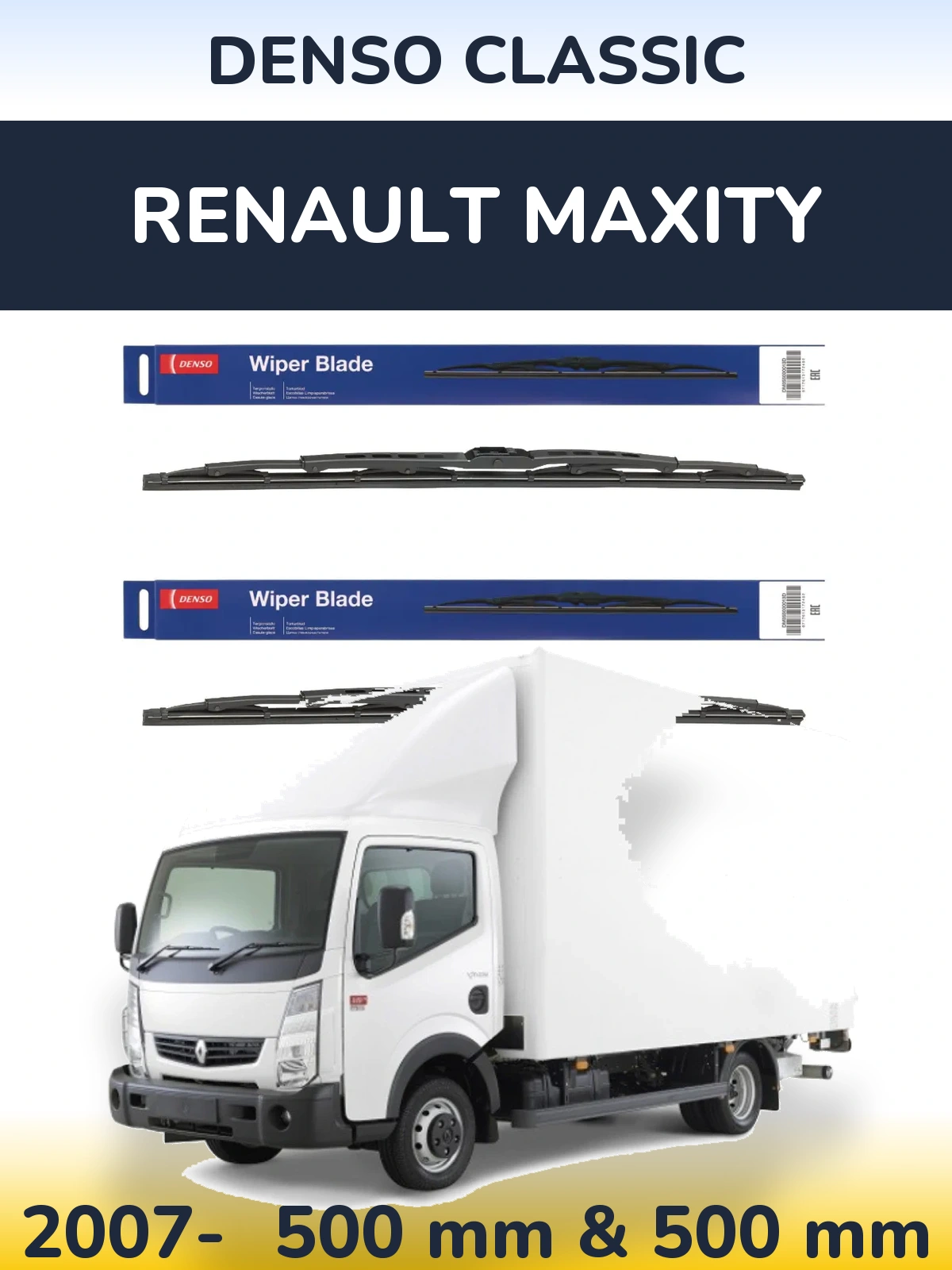 Front wiper blade set Denso Classic 500 & 500 mm for Renault Maxity 2007-2026