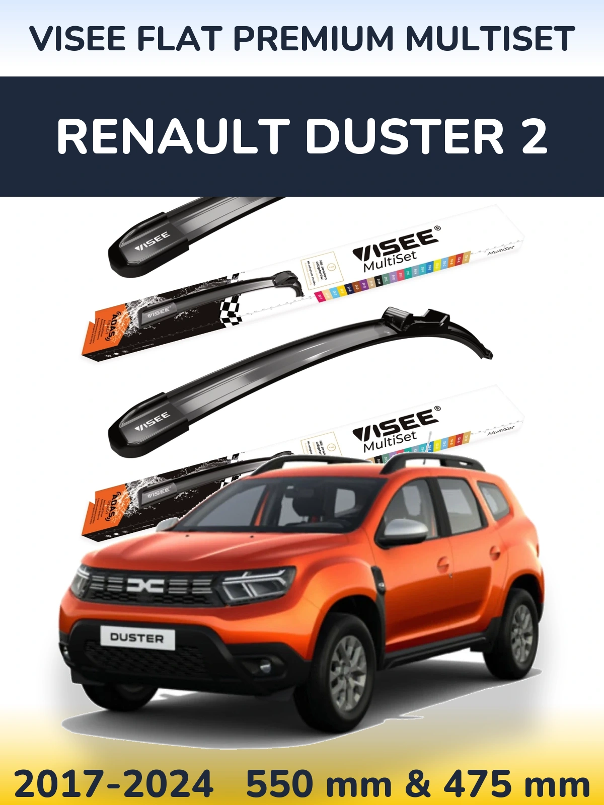 Komplet przednich wycieraczek VISEE FLAT PREMIUM MultiSet 550 & 475 mm do Renault Duster 2 2017-2024