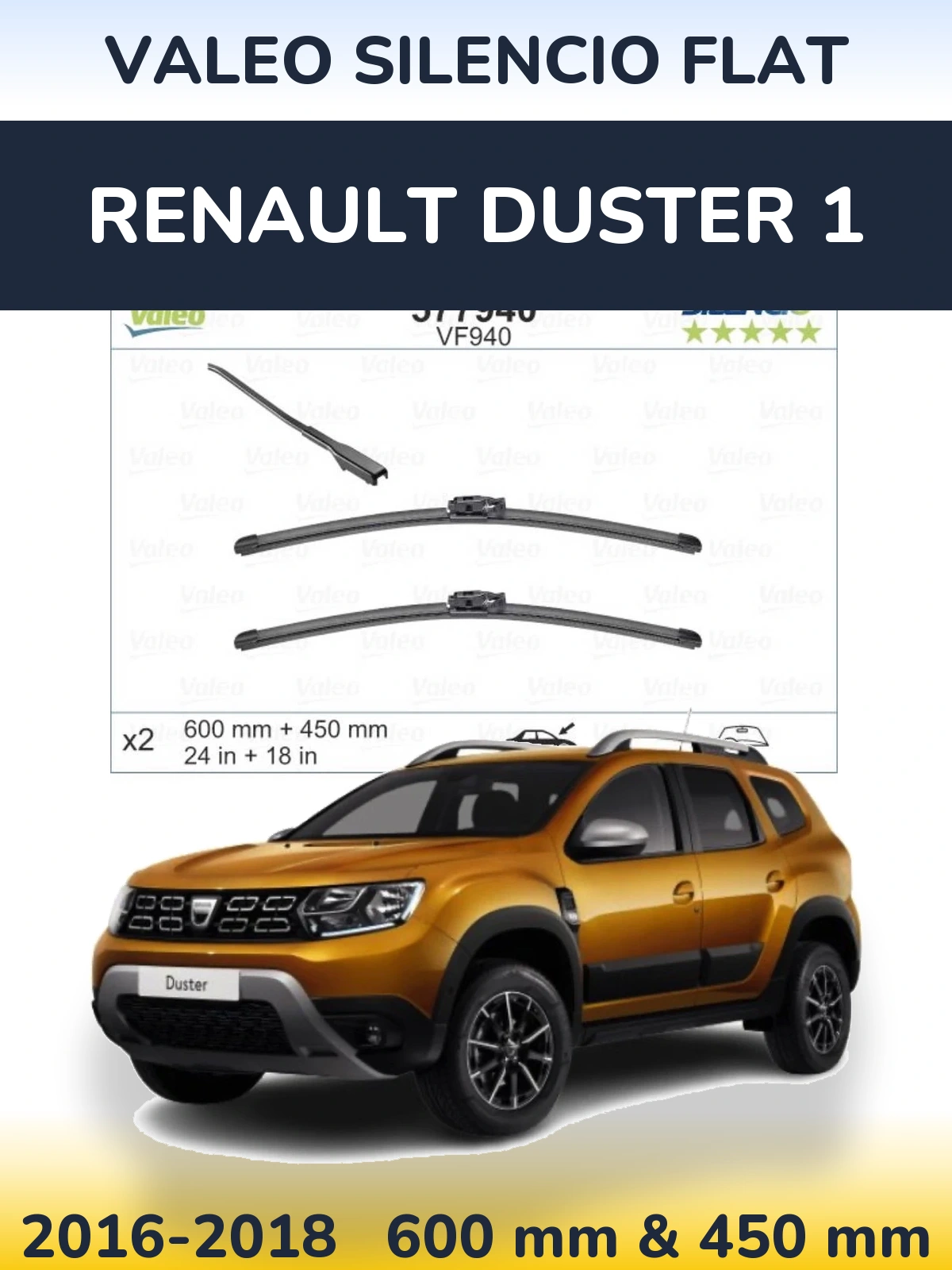 Front wiper blade set Valeo Silencio Flat 600 & 450 mm for Renault Duster 1 2016-2018