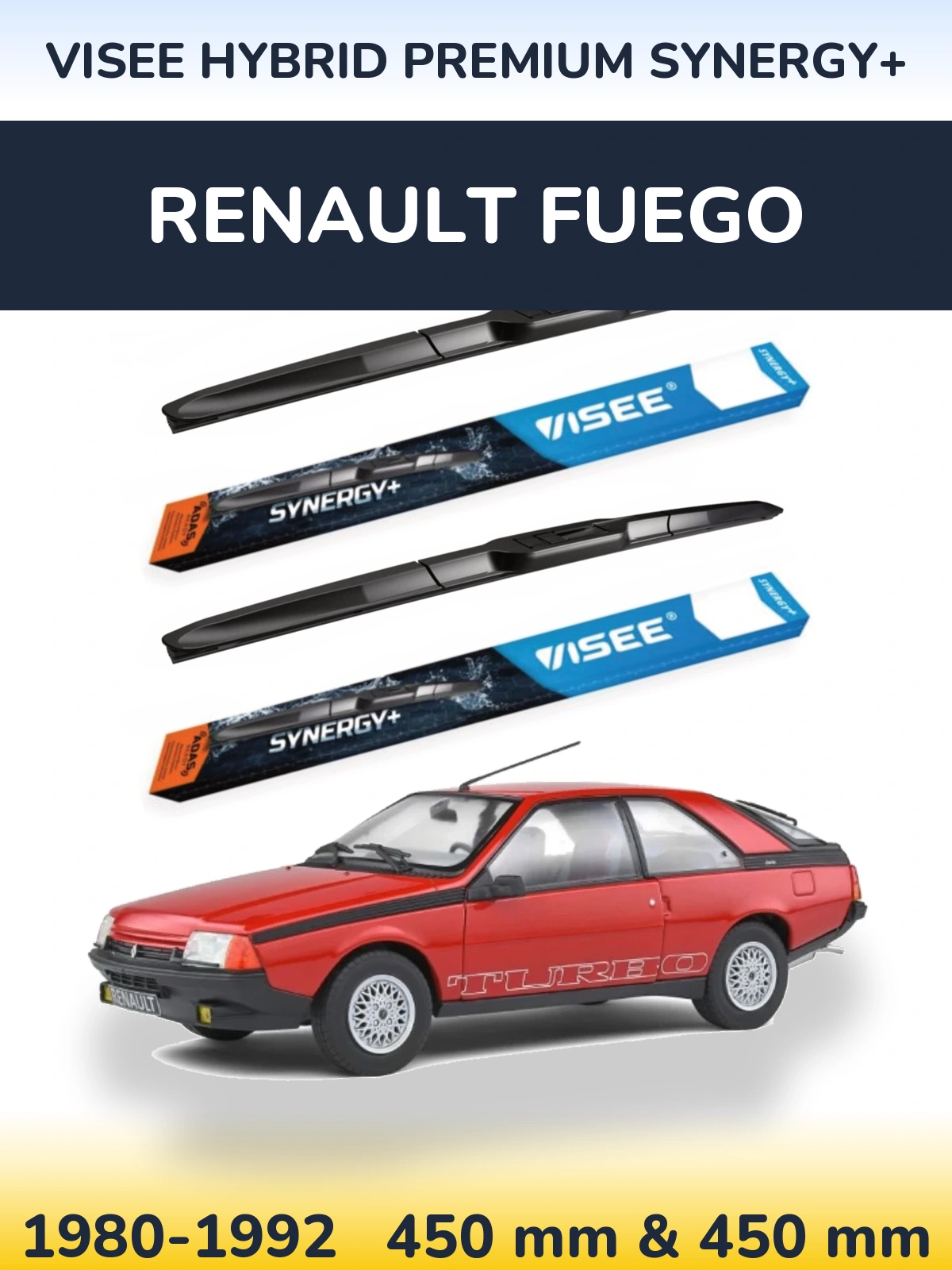Front wiper blade set VISEE HYBRID PREMIUM SYNERGY+ 450 & 450 mm for Renault Fuego 1980-1992