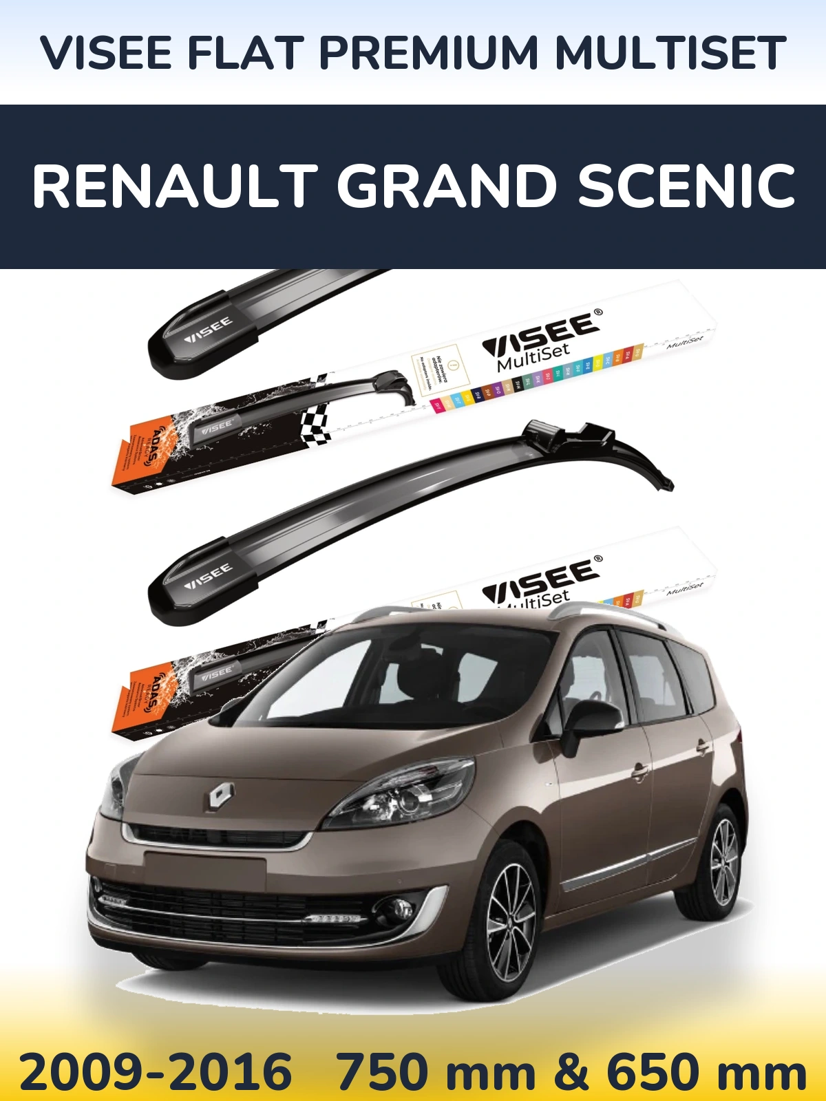 Front wiper blade set VISEE FLAT PREMIUM MultiSet 750 & 650 mm for Renault Grand Scenic 2009-2016