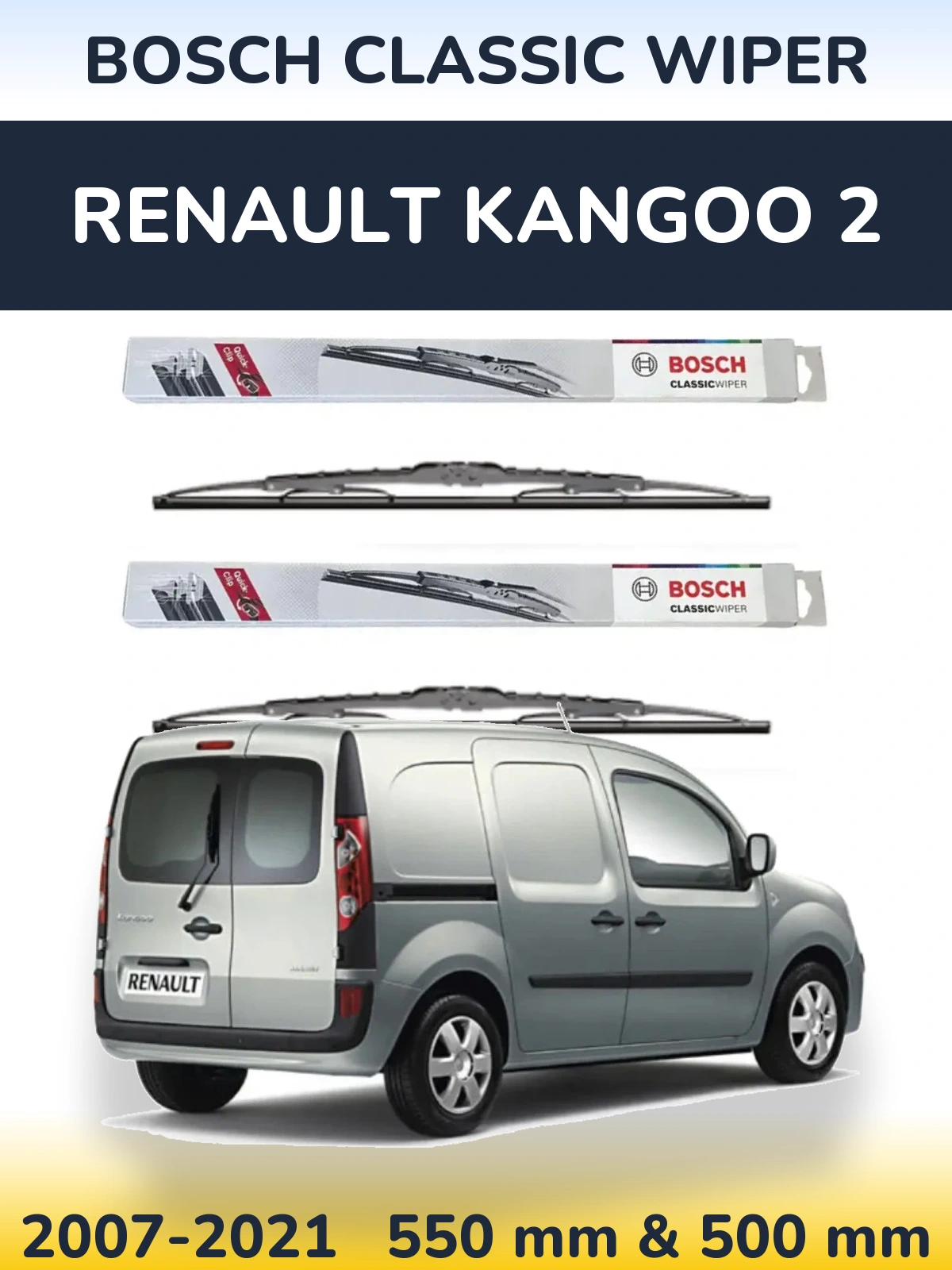 Komplet przednich wycieraczek BOSCH Classic Wiper 550 & 500 mm do Renault Kangoo 2 2007-2021