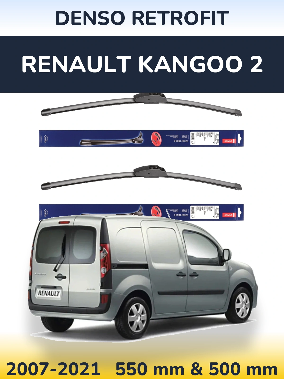 Front wiper blade set Denso Retrofit 550 & 500 mm for Renault Kangoo 2 2007-2021