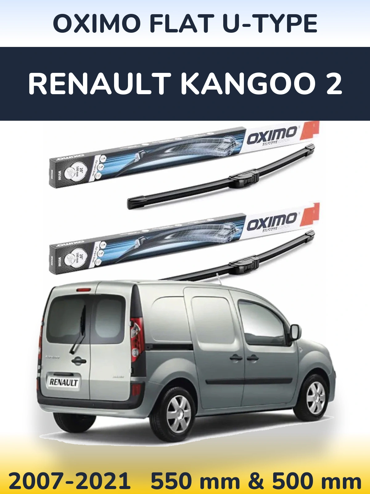 Комплект передних дворников Oximo Flat U-type 550 & 500 мм для Renault Kangoo 2 2007-2021