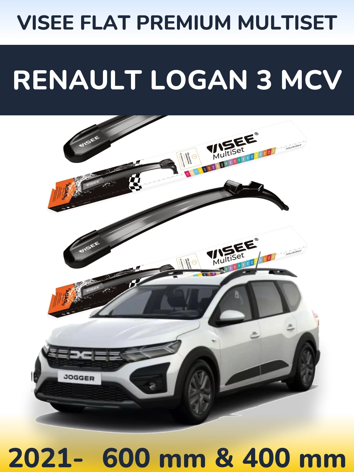 Комплект передних дворников VISEE FLAT PREMIUM MultiSet 600 & 400 мм для Renault Logan 3 MCV 2021-2026