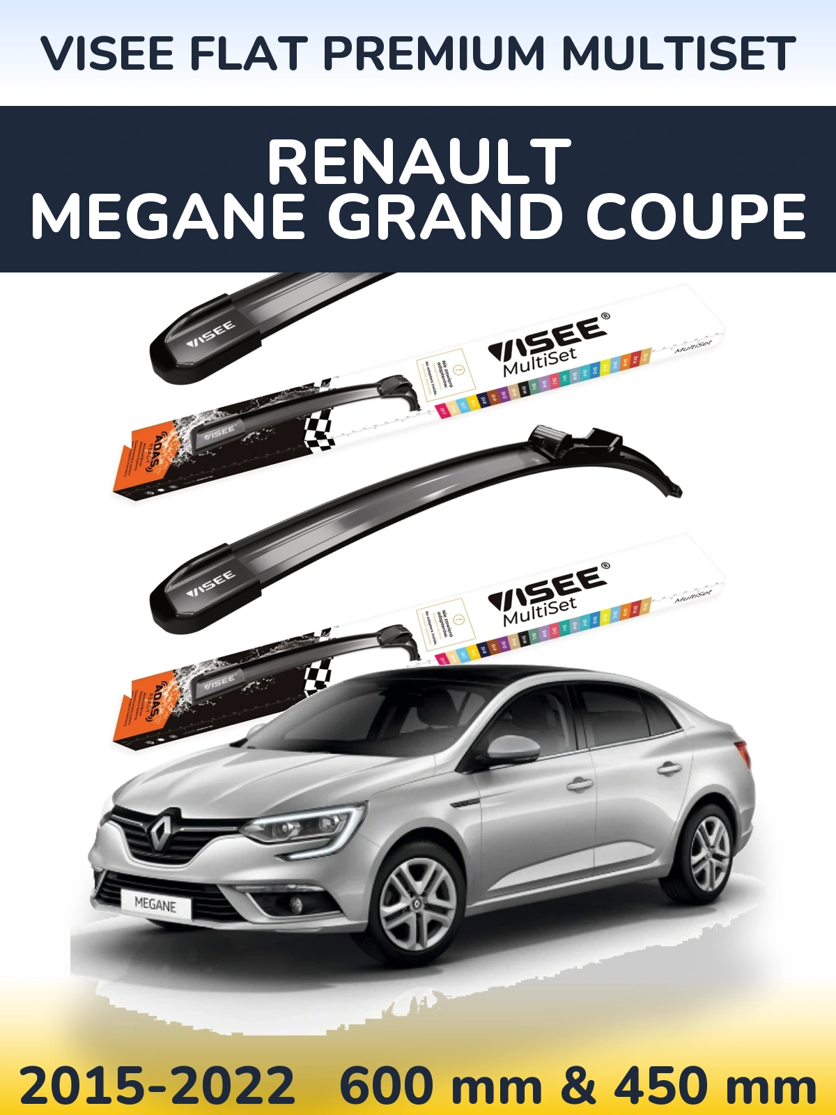 Front wiper blade set VISEE FLAT PREMIUM MultiSet 600 & 450 mm for Renault Megane Grand Coupe 2015-2022