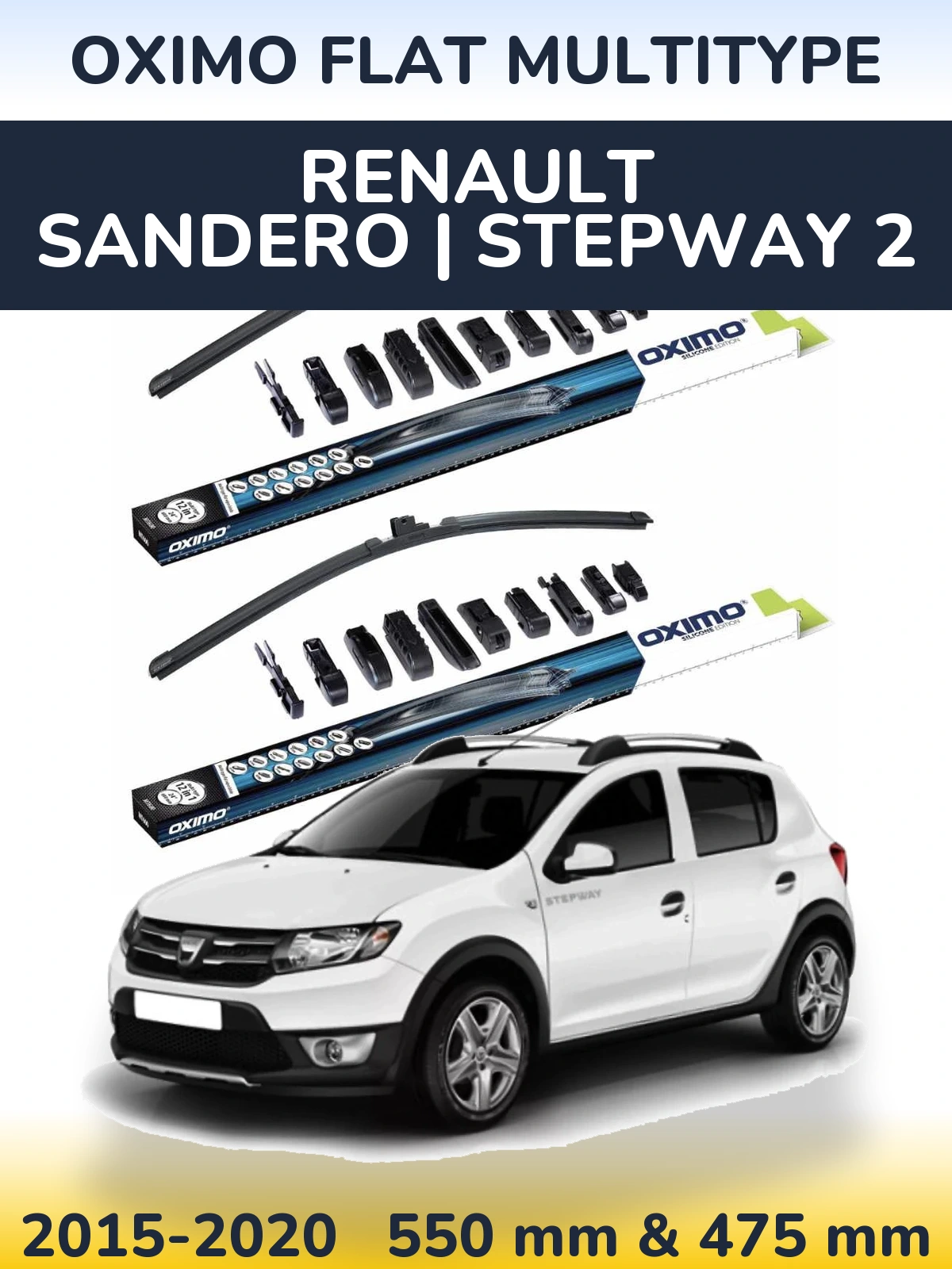 Комплект передних дворников Oximo Flat MultiТипe 550 & 475 мм для Renault Sandero | Stepway 2 2015-2020