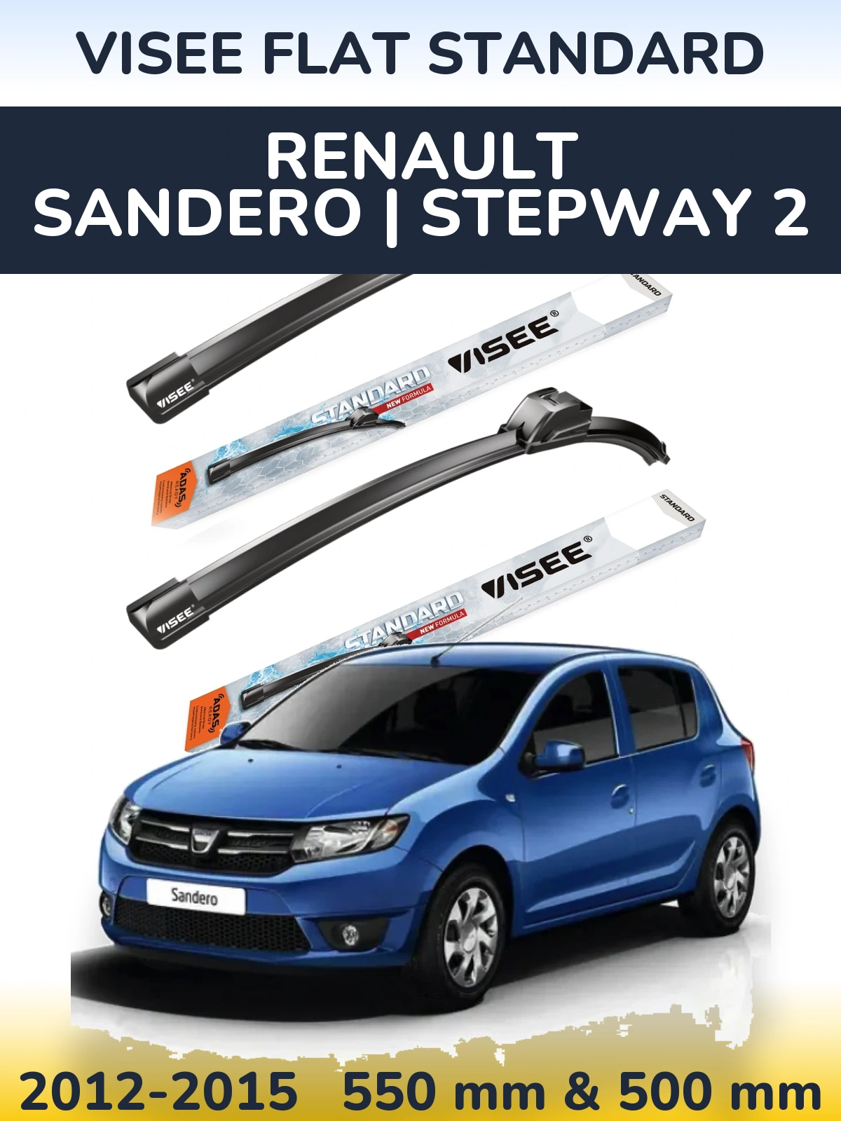 Комплект передних дворников VISEE FLAT STANDARD 550 & 500 мм для Renault Sandero | Stepway 2 2012-2015