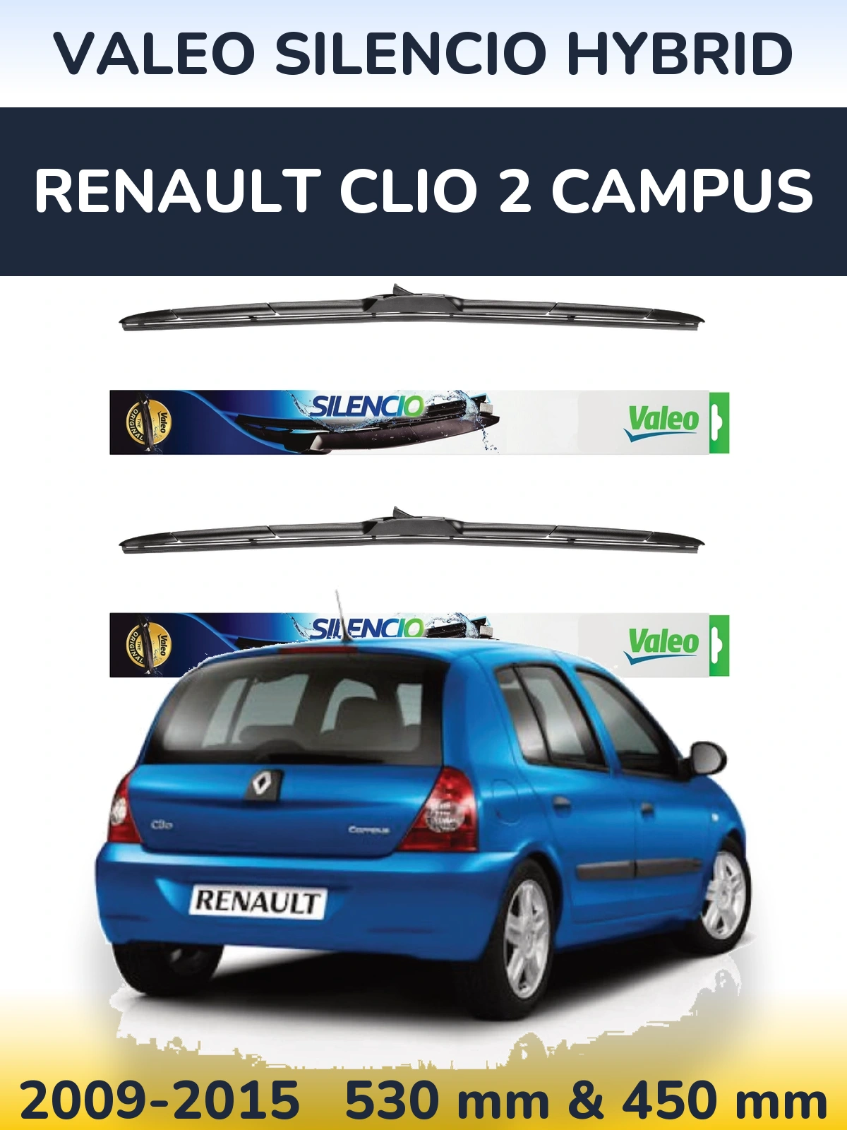Front wiper blade set Valeo Silencio Hybrid 530 & 450 mm for Renault Clio 2 Campus 2009-2015
