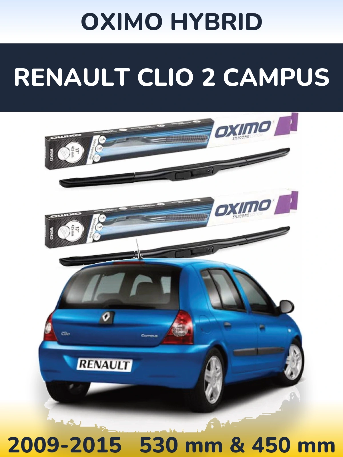 Front wiper blade set Oximo Hybrid 530 & 450 mm for Renault Clio 2 Campus 2009-2015