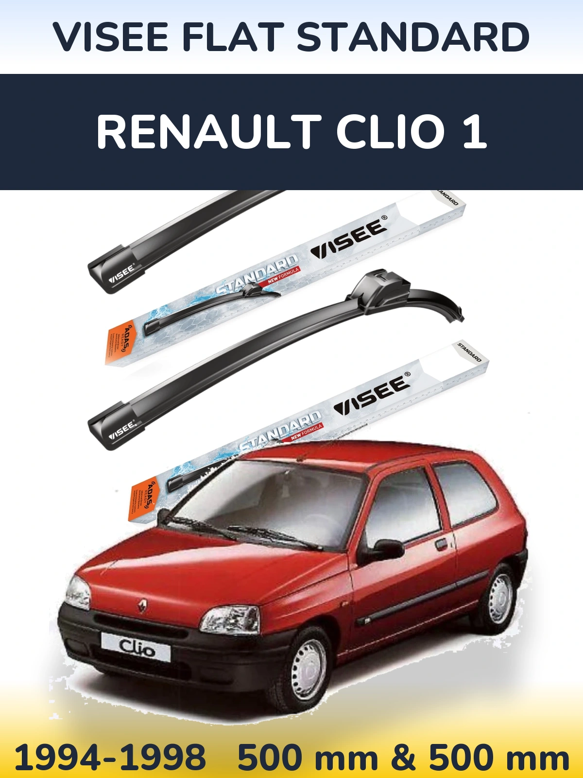 Front wiper blade set VISEE FLAT STANDARD 500 & 500 mm for Renault Clio 1 1994-1998