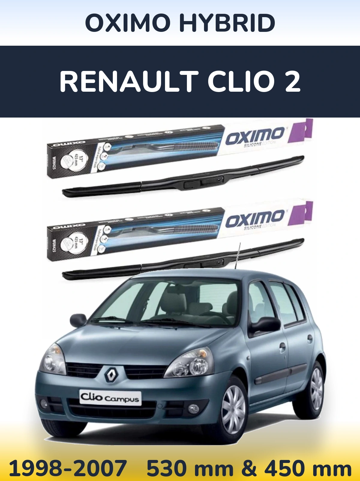 Front wiper blade set Oximo Hybrid 530 & 450 mm for Renault Clio 2 1998-2007