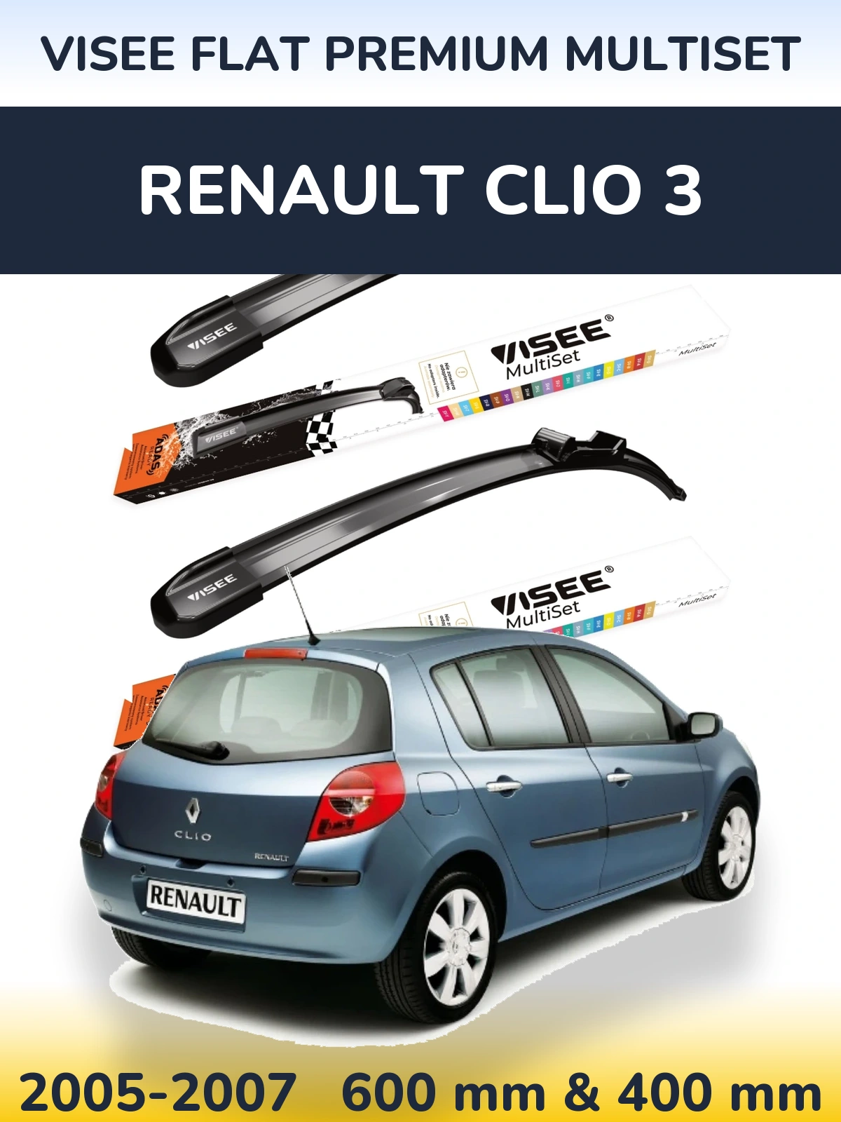 Front wiper blade set VISEE FLAT PREMIUM MultiSet 600 & 400 mm for Renault Clio 3 2005-2007