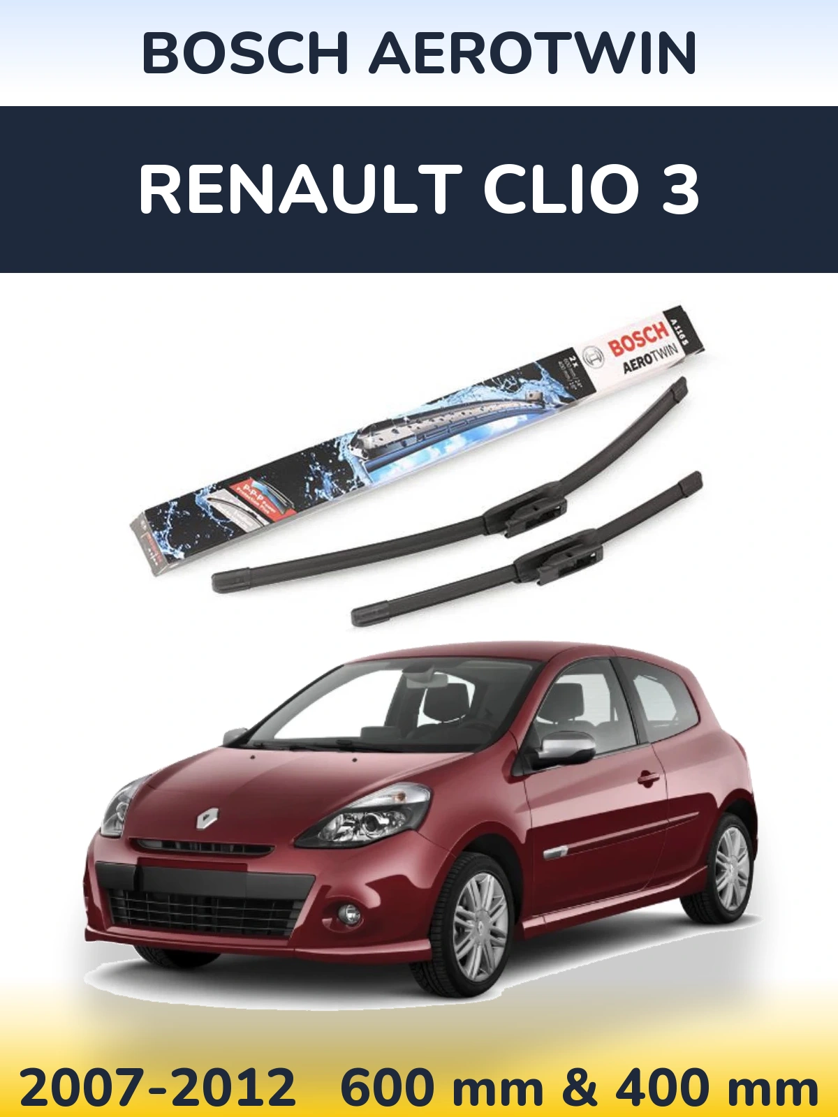 Комплект передніх щіток BOSCH AeroTwin 600 & 400 мм для Renault Clio 3 2007-2012