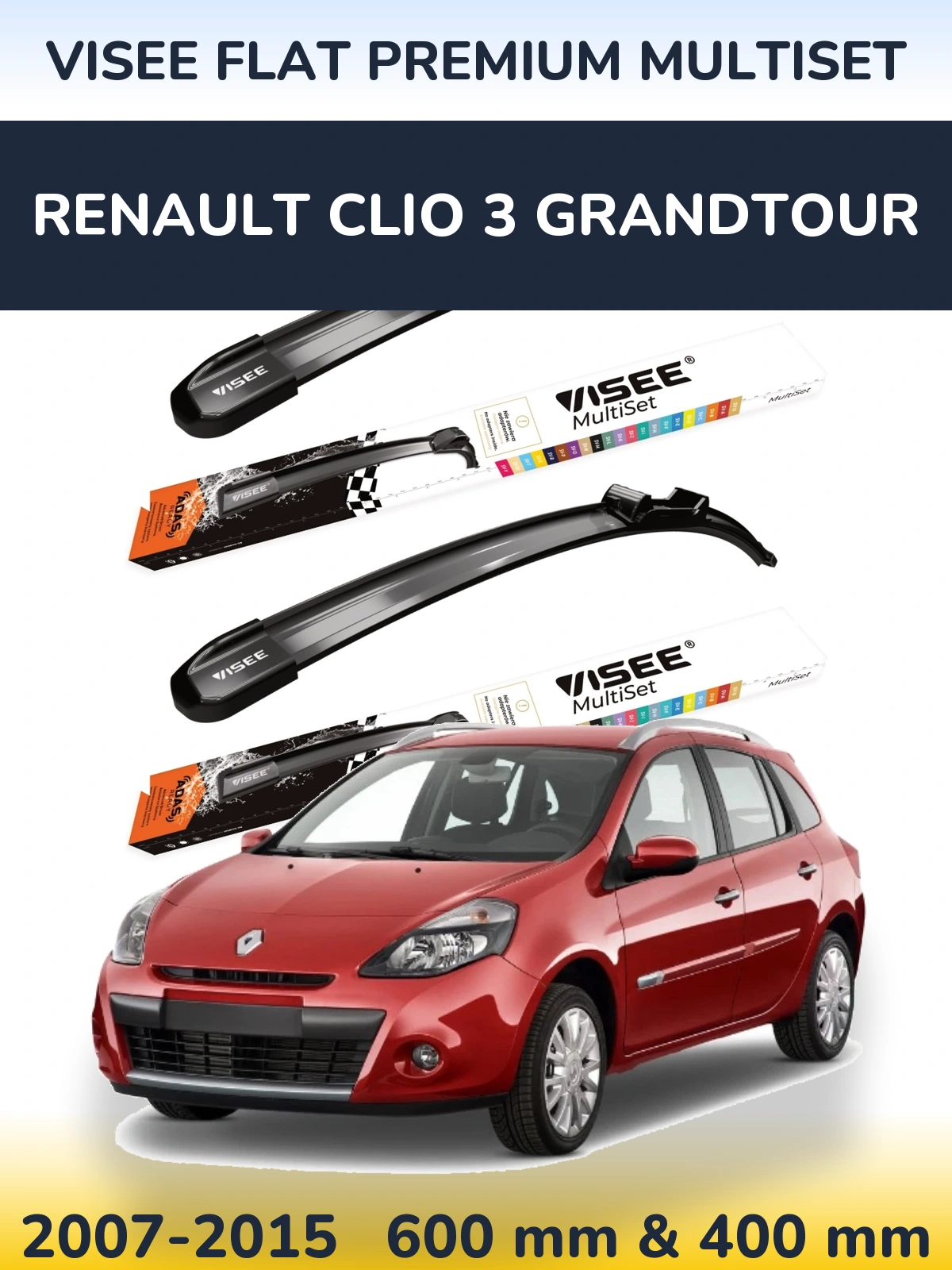 Комплект передніх щіток VISEE FLAT PREMIUM MultiSet 600 & 400 мм для Renault Clio 3 Grandtour 2007-2015