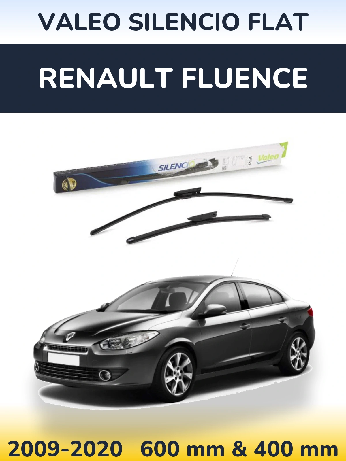 Front wiper blade set Valeo Silencio Flat 600 & 400 mm for Renault Fluence 2009-2020