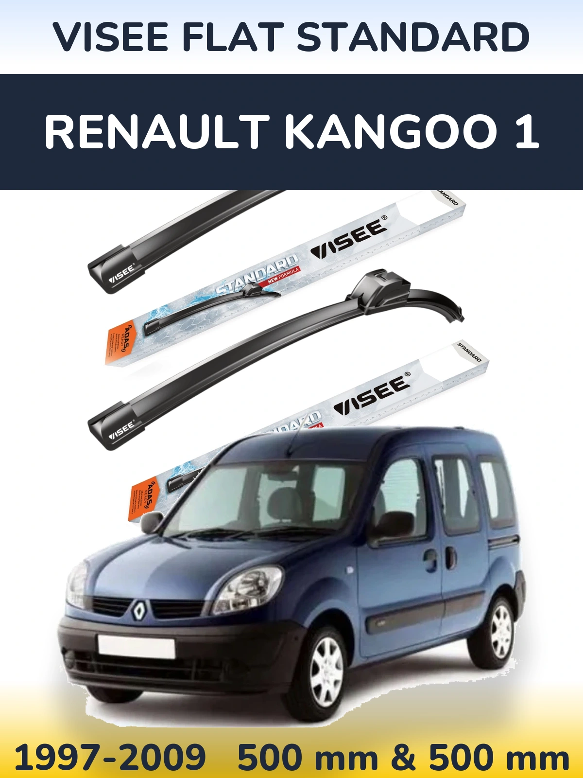 Комплект передних дворников VISEE FLAT STANDARD 500 & 500 мм для Renault Kangoo 1 1997-2009