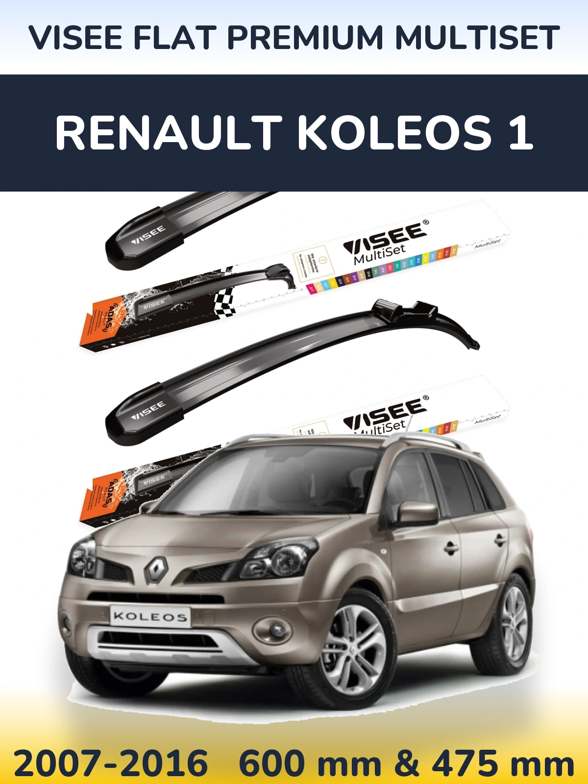Komplet przednich wycieraczek VISEE FLAT PREMIUM MultiSet 600 & 475 mm do Renault Koleos 1 2007-2016