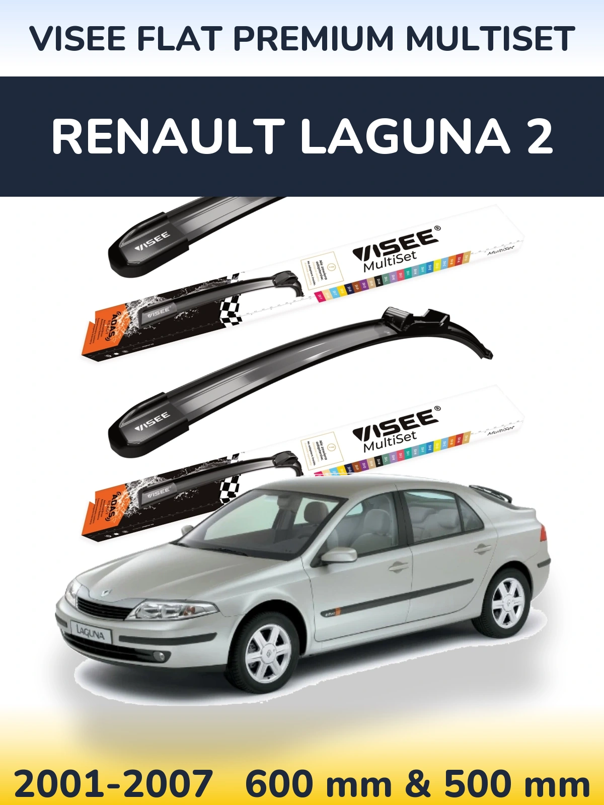 Front wiper blade set VISEE FLAT PREMIUM MultiSet 600 & 500 mm for Renault Laguna 2 2001-2007