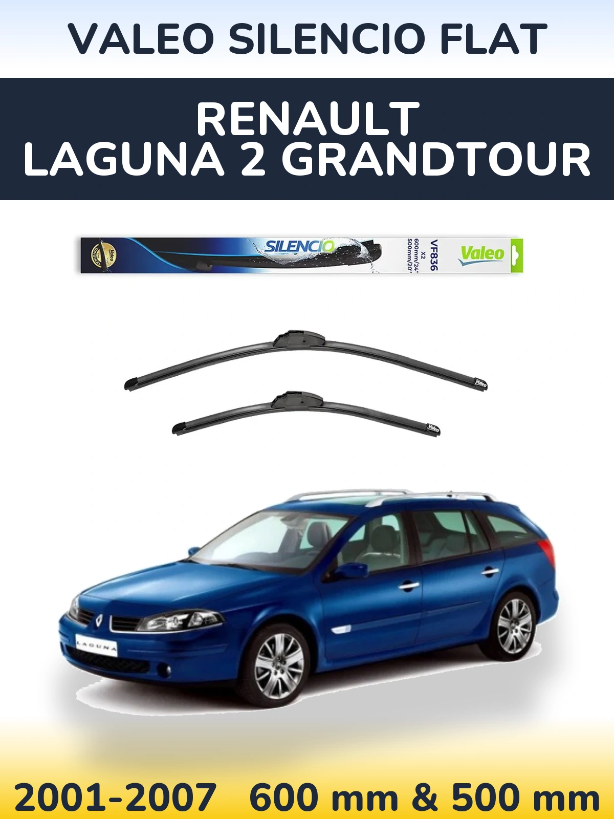 Front wiper blade set Valeo Silencio Flat 600 & 500 mm for Renault Laguna 2 Grandtour 2001-2007