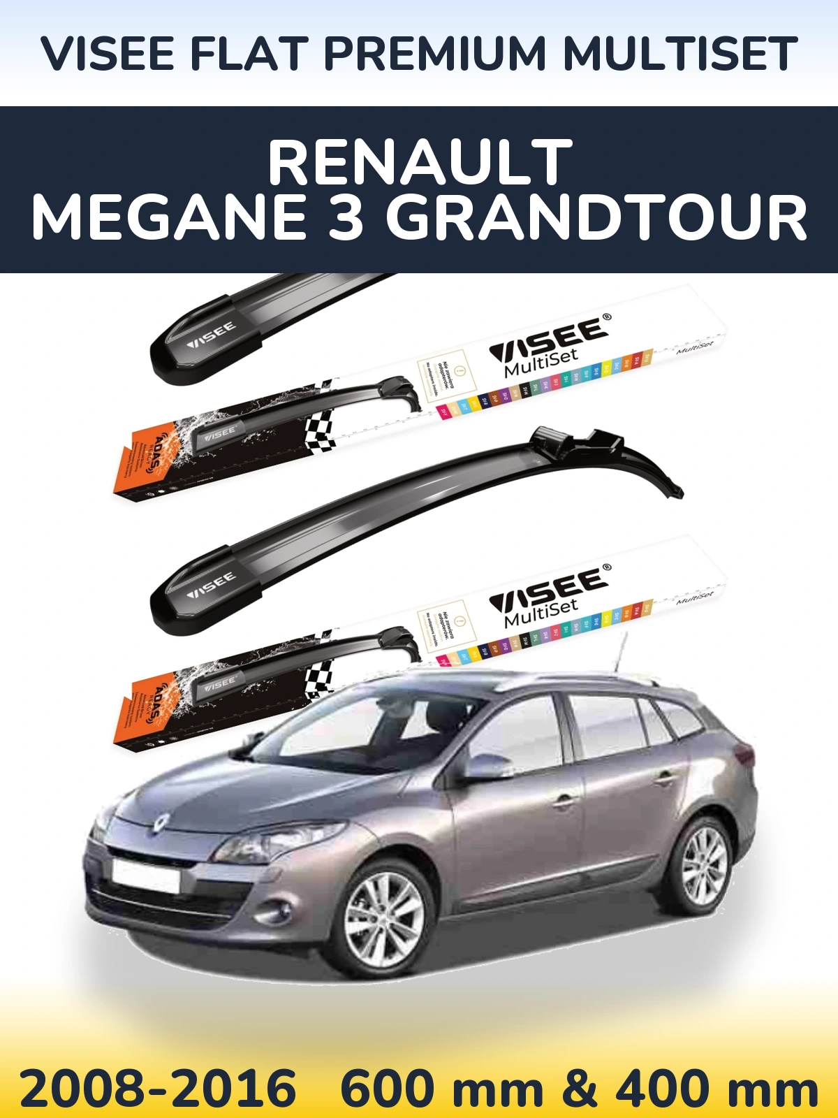 Komplet przednich wycieraczek VISEE FLAT PREMIUM MultiSet 600 & 400 mm do Renault Megane 3 Grandtour 2008-2016