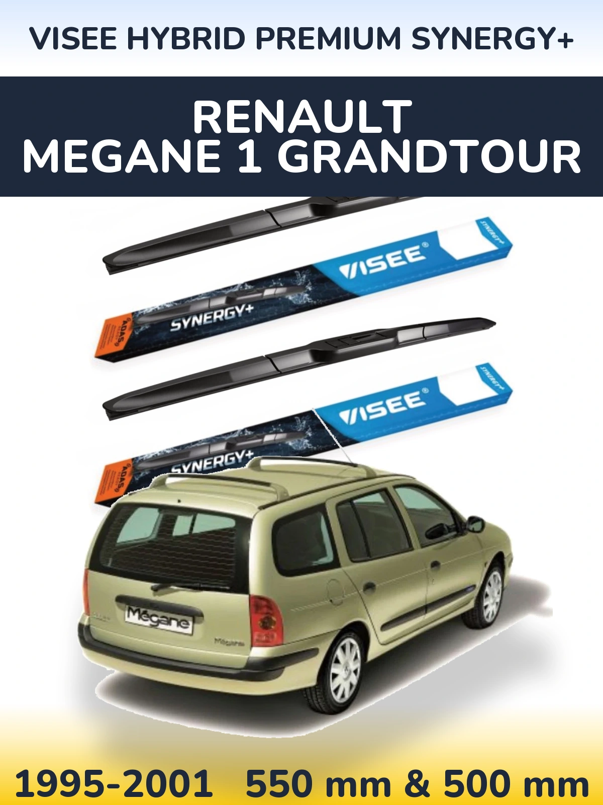 Front wiper blade set VISEE HYBRID PREMIUM SYNERGY+ 550 & 500 mm for Renault Megane 1 Grandtour 1995-2001
