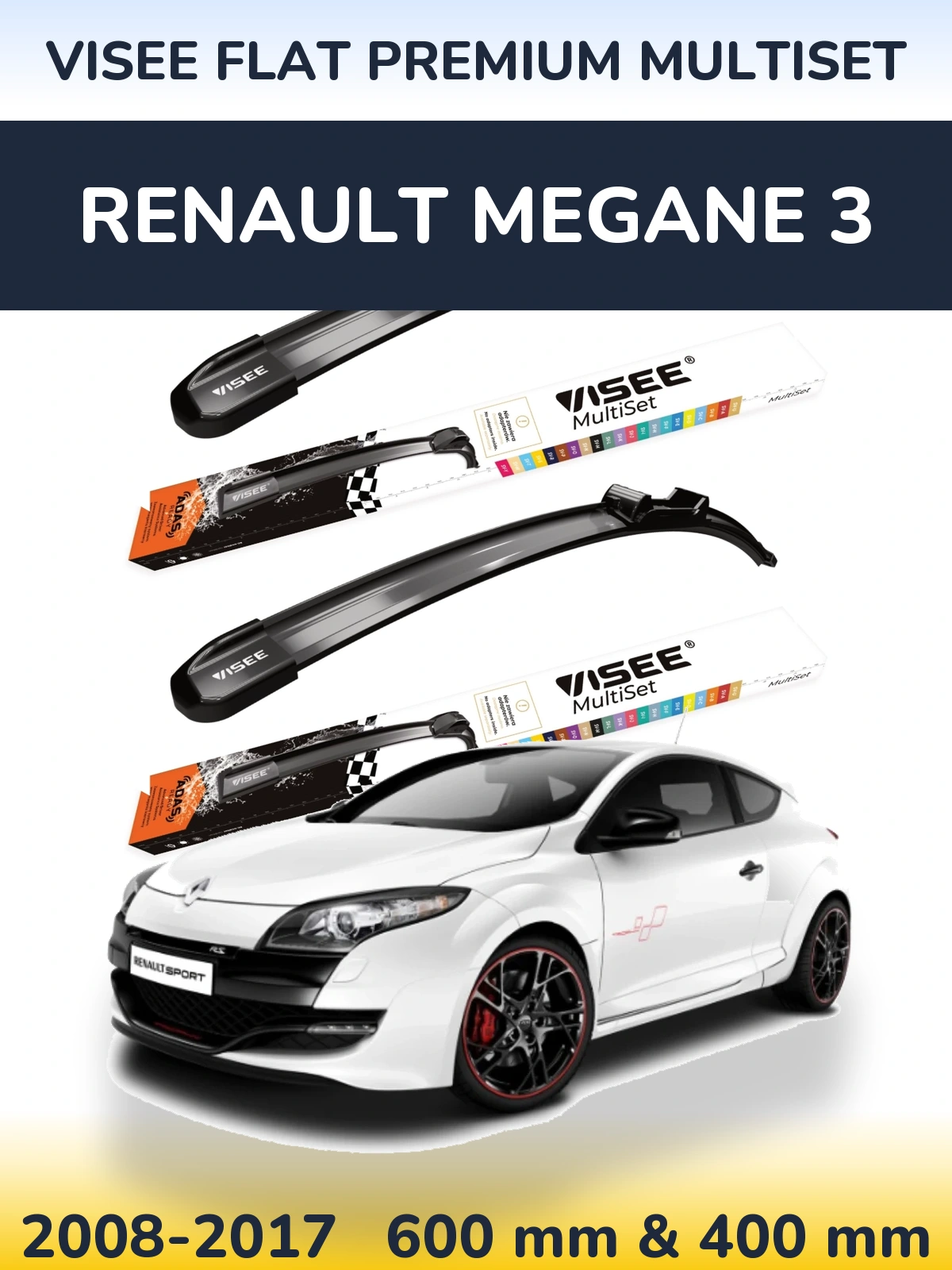 Комплект передних дворников VISEE FLAT PREMIUM MultiSet 600 & 400 мм для Renault Megane 3 2008-2017