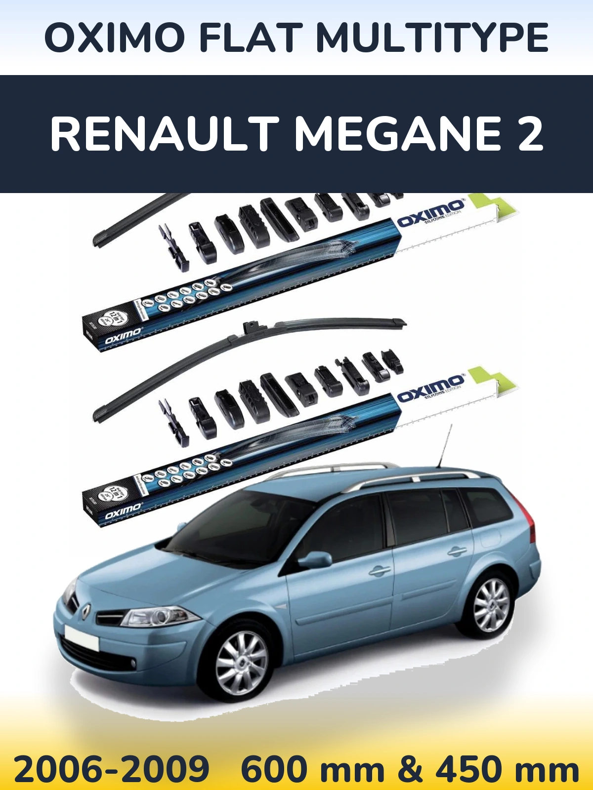 Комплект передних дворников Oximo Flat MultiТипe 600 & 450 мм для Renault Megane 2 2006-2009