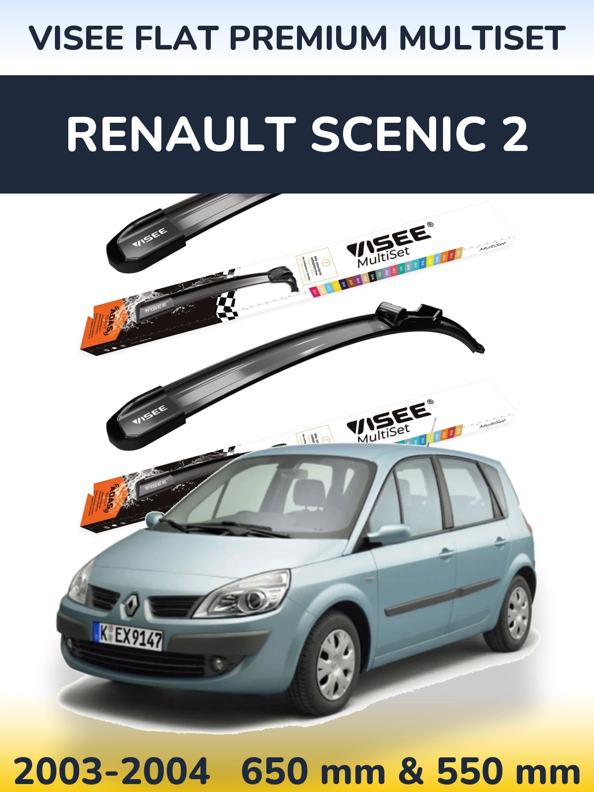 Komplet przednich wycieraczek VISEE FLAT PREMIUM MultiSet 650 & 550 mm do Renault Scenic 2 2003-2004