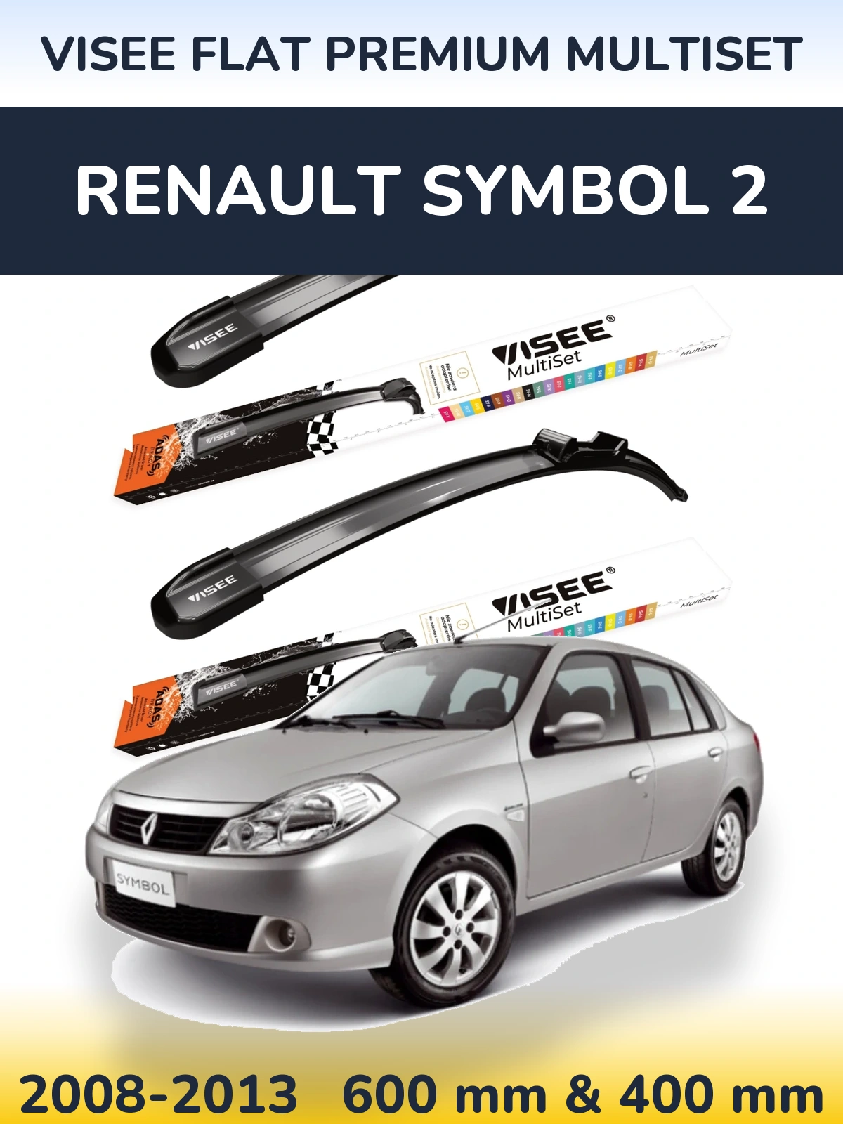 Komplet przednich wycieraczek VISEE FLAT PREMIUM MultiSet 600 & 400 mm do Renault Symbol 2 2008-2013