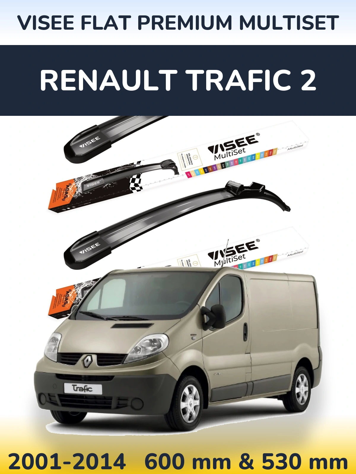 Front wiper blade set VISEE FLAT PREMIUM MultiSet 600 & 530 mm for Renault Trafic 2 2001-2014