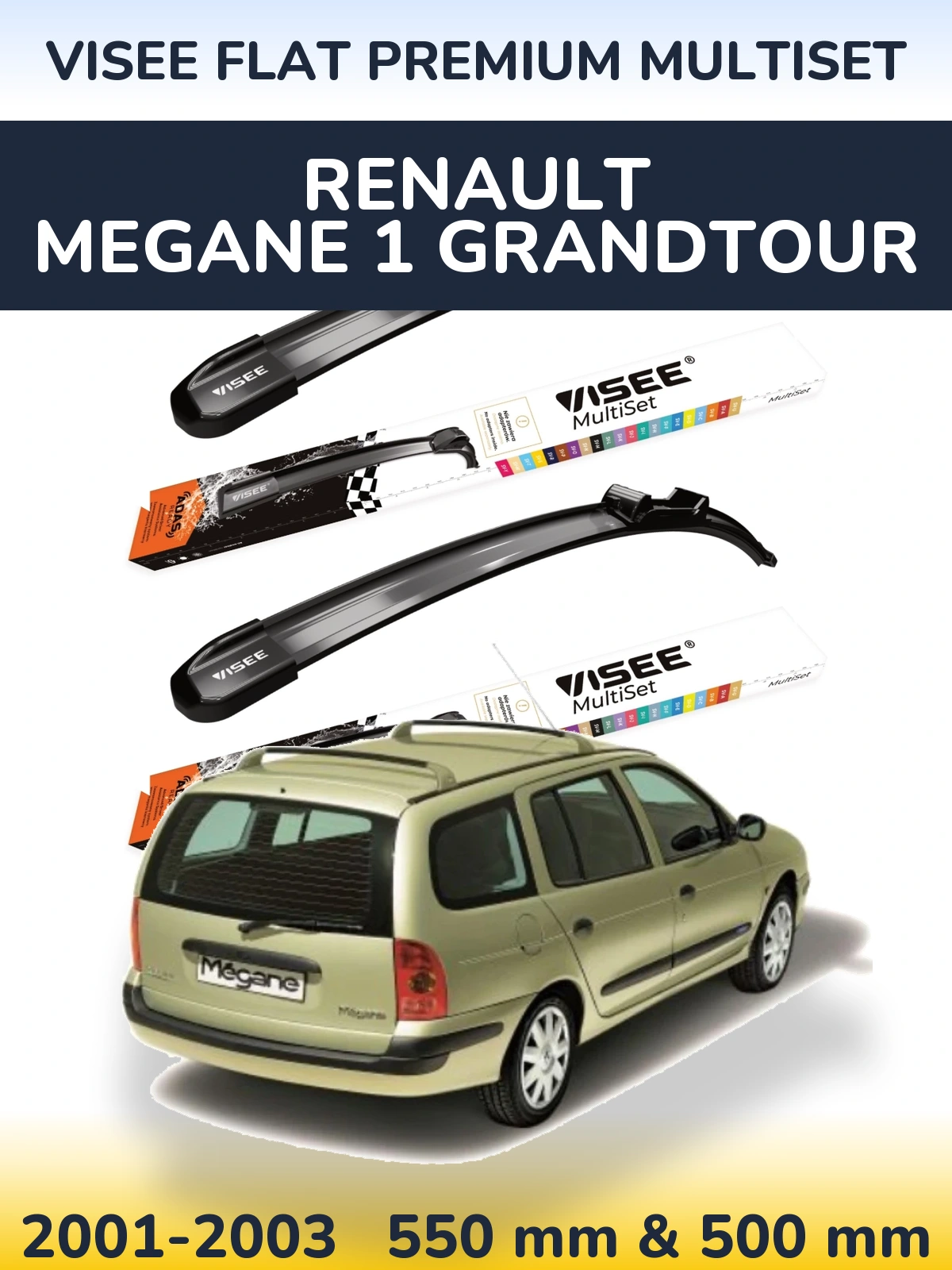 Front wiper blade set VISEE FLAT PREMIUM MultiSet 550 & 500 mm for Renault Megane 1 Grandtour 2001-2003
