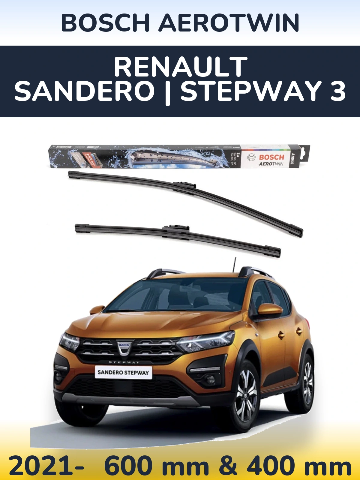 Komplet przednich wycieraczek BOSCH AeroTwin 600 & 400 mm do Renault Sandero | Stepway 3 2021-2026