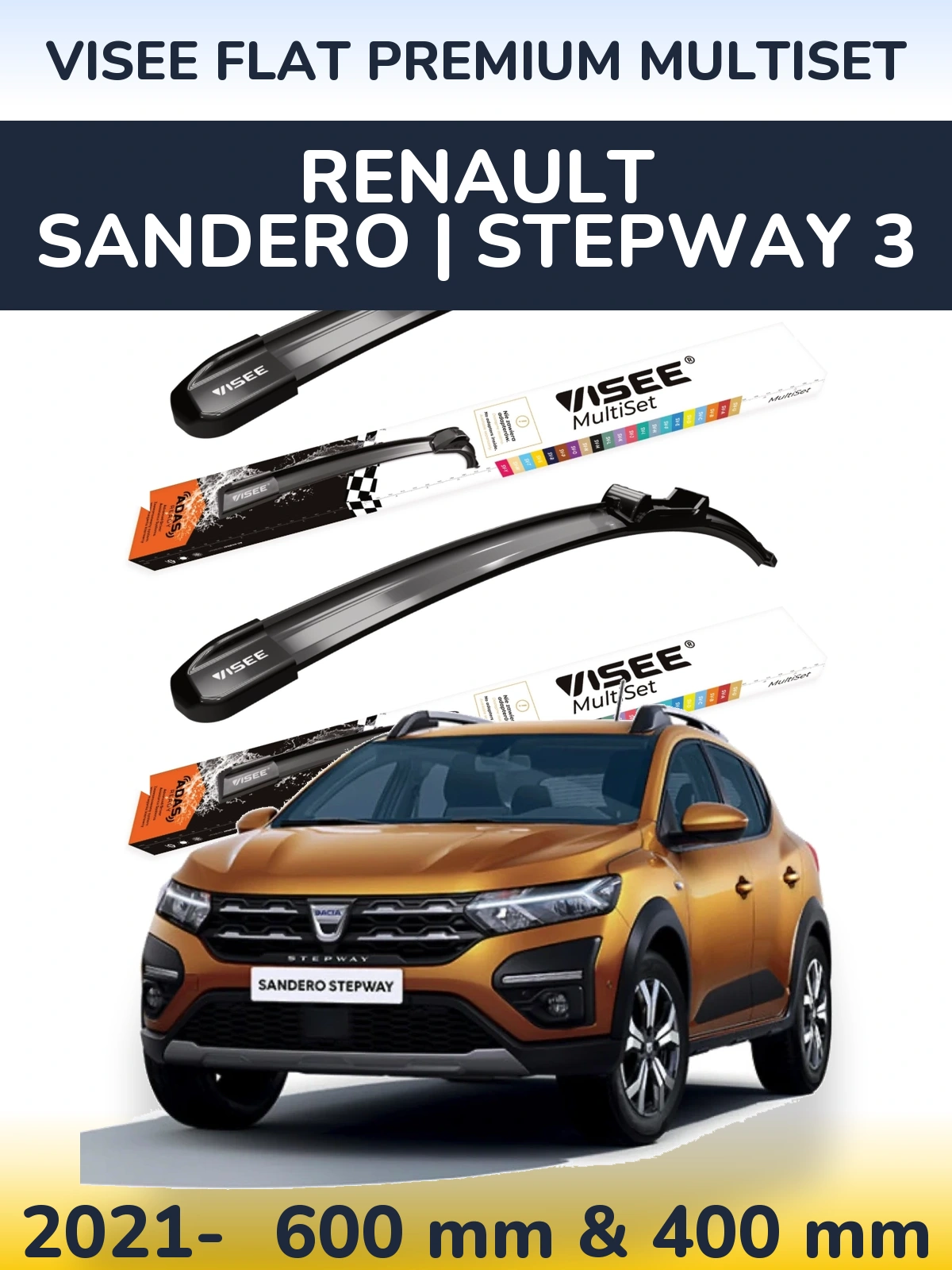 Комплект передних дворников VISEE FLAT PREMIUM MultiSet 600 & 400 мм для Renault Sandero | Stepway 3 2021-2026