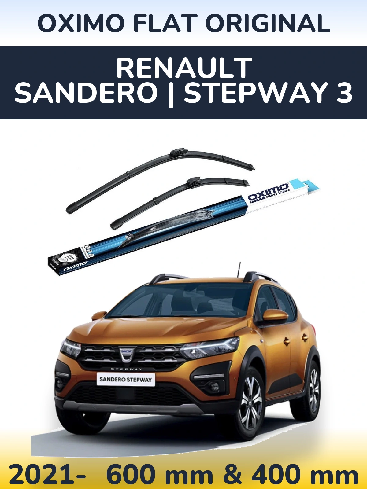 Комплект передних дворников Oximo Flat Original 600 & 400 мм для Renault Sandero | Stepway 3 2021-2026