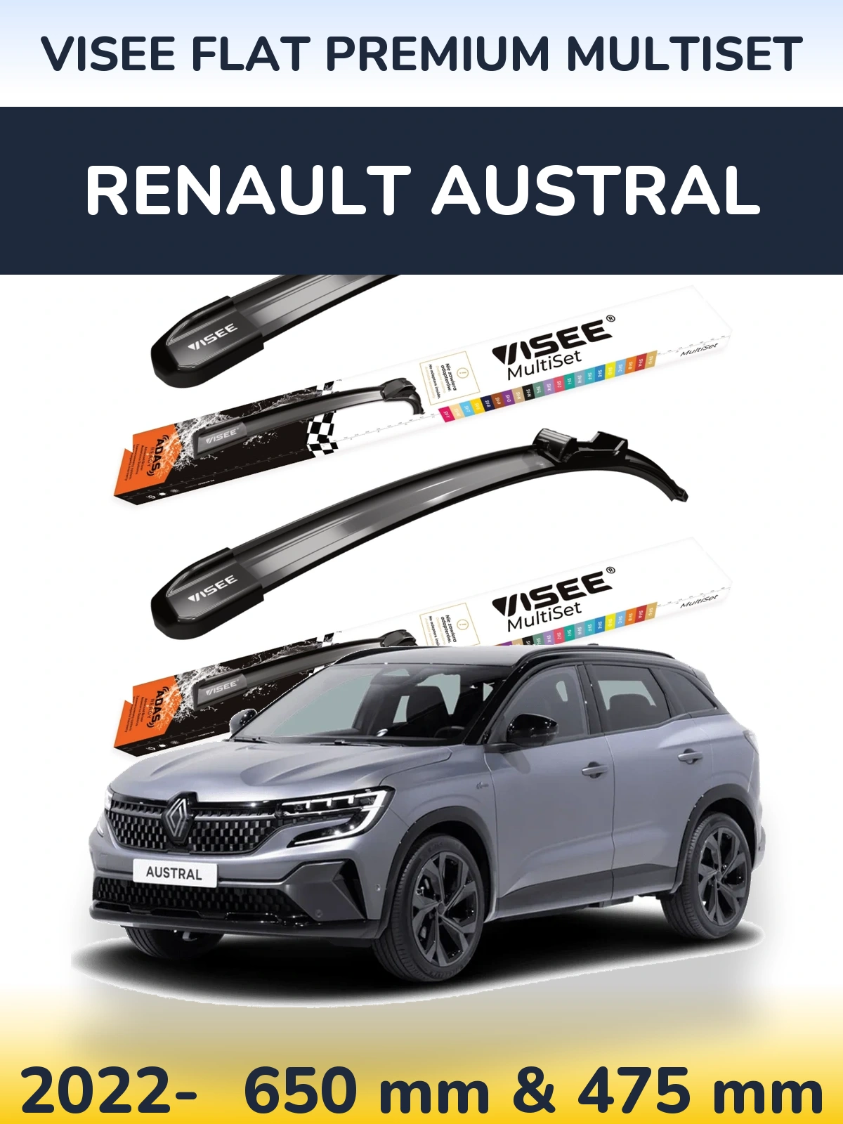 Komplet przednich wycieraczek VISEE FLAT PREMIUM MultiSet 650 & 475 mm do Renault Austral 2022-2026