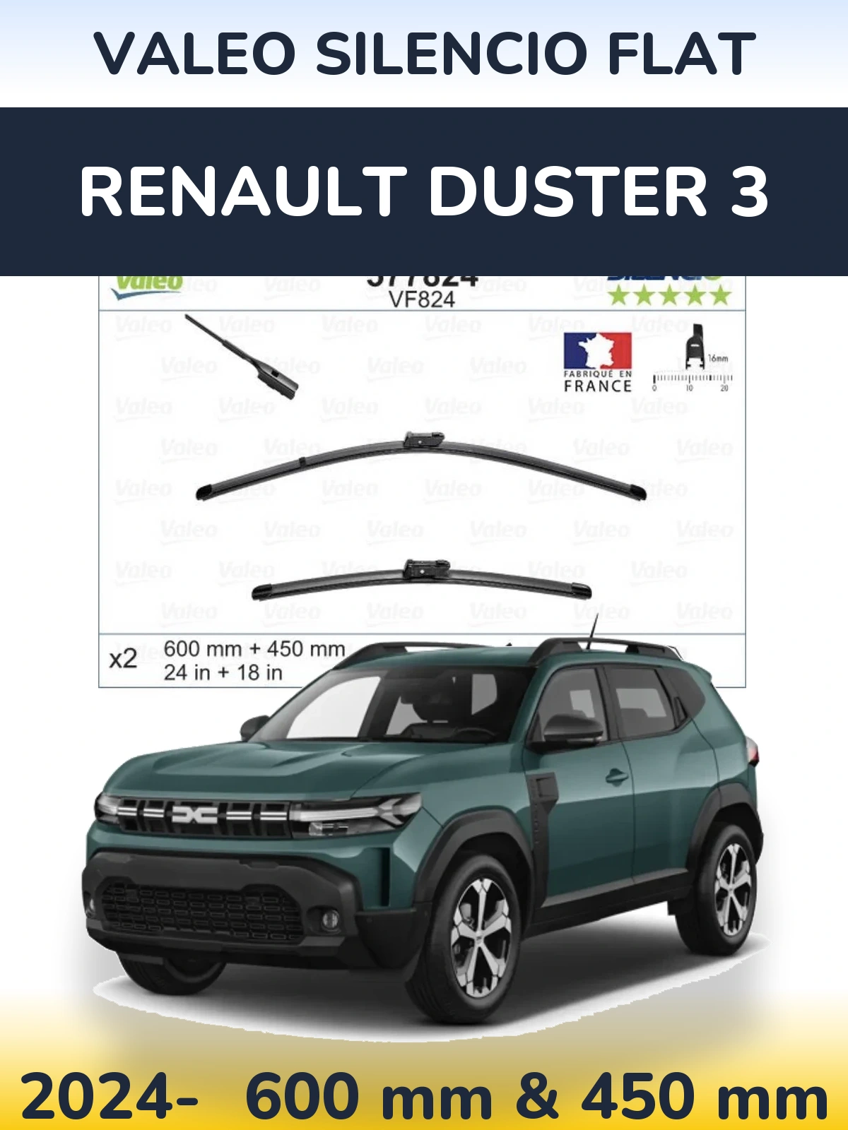 Komplet przednich wycieraczek Valeo Silencio Flat 600 & 450 mm do Renault Duster 3 2024-2026