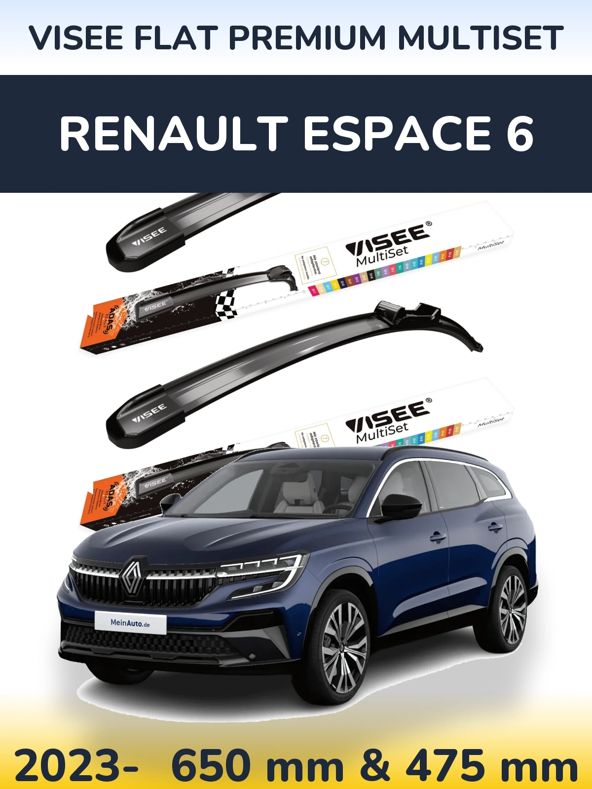 Комплект передних дворников VISEE FLAT PREMIUM MultiSet 650 & 475 мм для Renault Espace 6 2023-2026