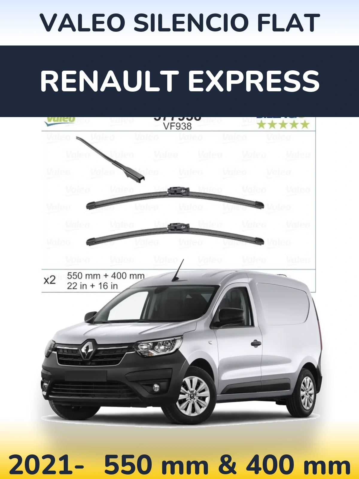 Front wiper blade set Valeo Silencio Flat 550 & 400 mm for Renault Express 2021-2026