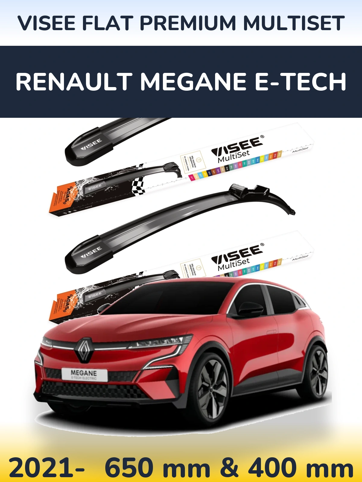 Komplet przednich wycieraczek VISEE FLAT PREMIUM MultiSet 650 & 400 mm do Renault Megane E-Tech 2021-2026