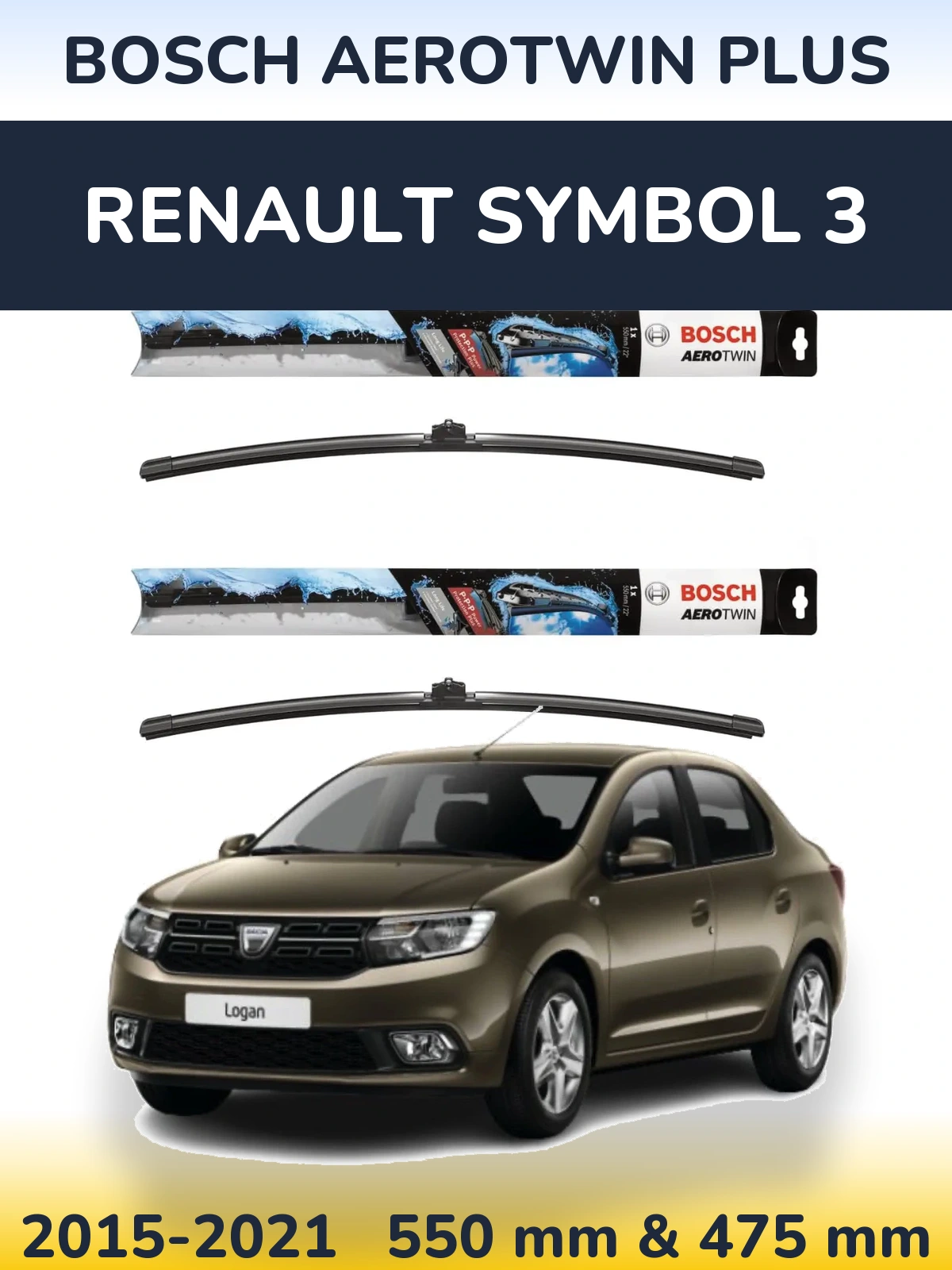 Front wiper blade set BOSCH AeroTwin Plus 550 & 475 mm for Renault Symbol 3 2015-2021