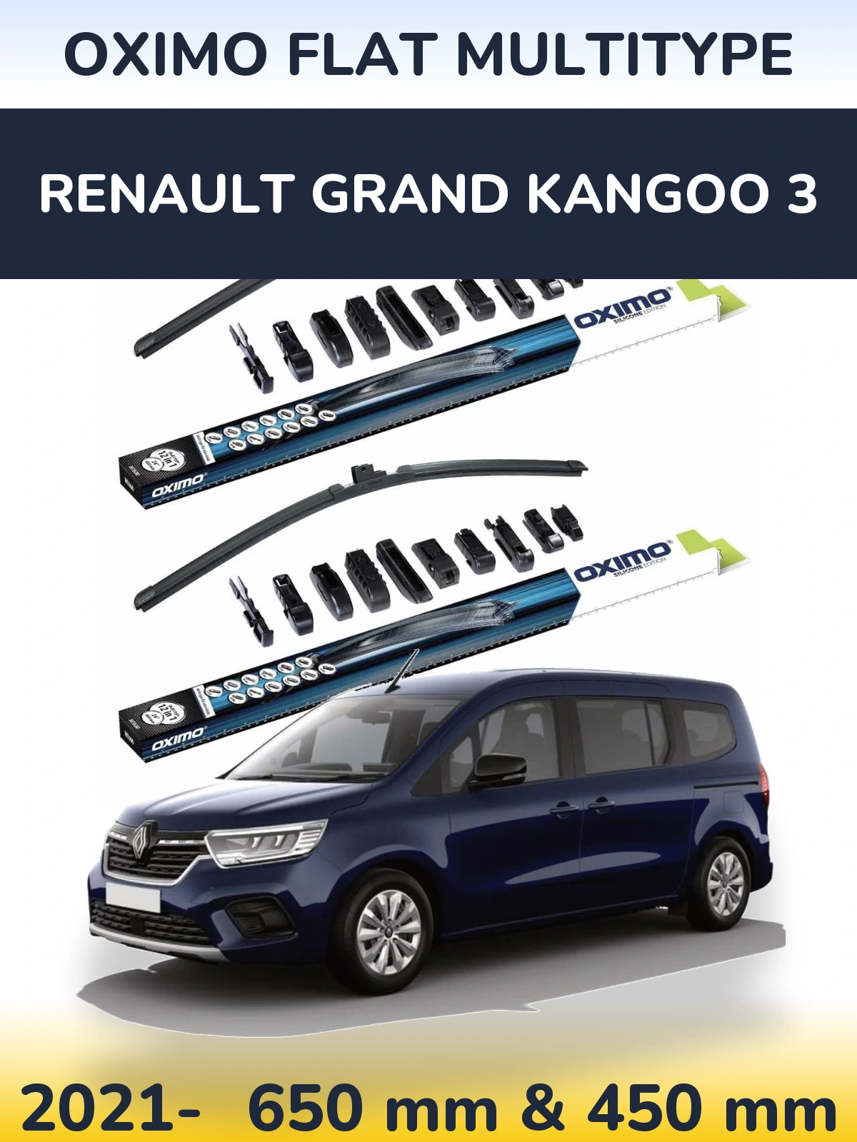 Комплект передних дворников Oximo Flat MultiТипe 650 & 450 мм для Renault Grand Kangoo 3 2021-2026