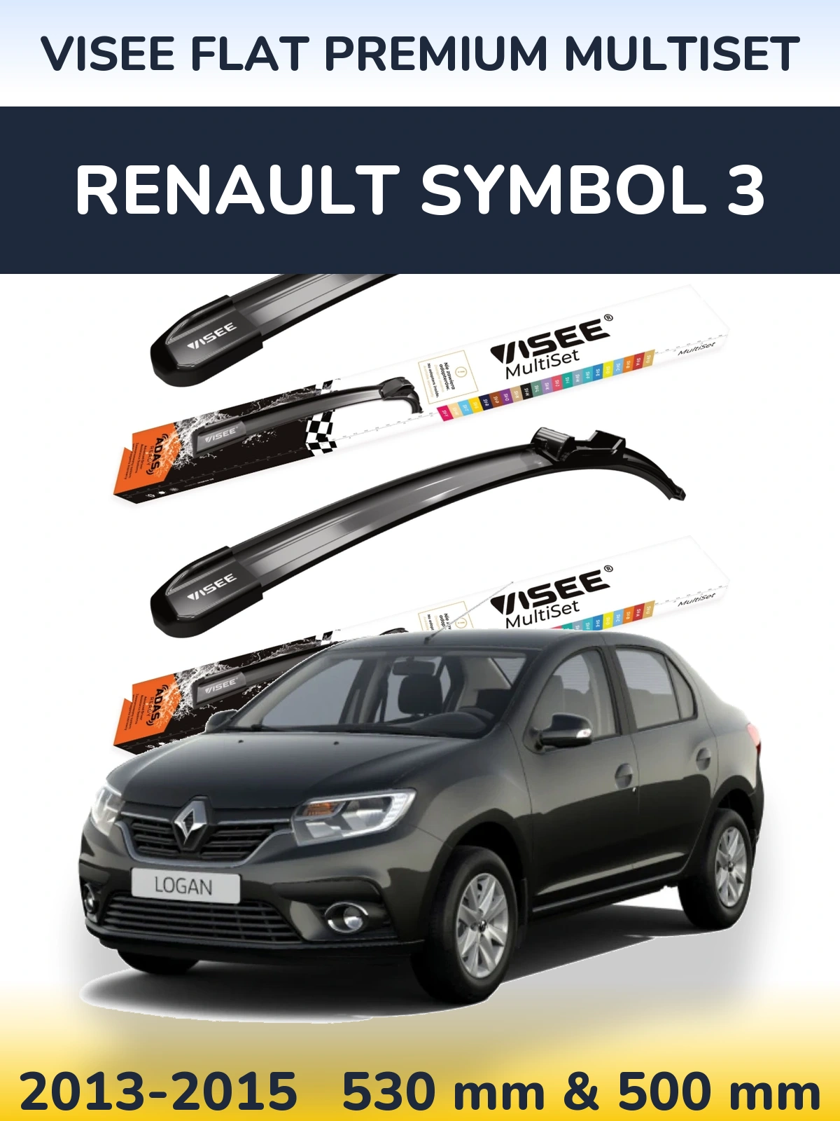 Front wiper blade set VISEE FLAT PREMIUM MultiSet 530 & 500 mm for Renault Symbol 3 2013-2015