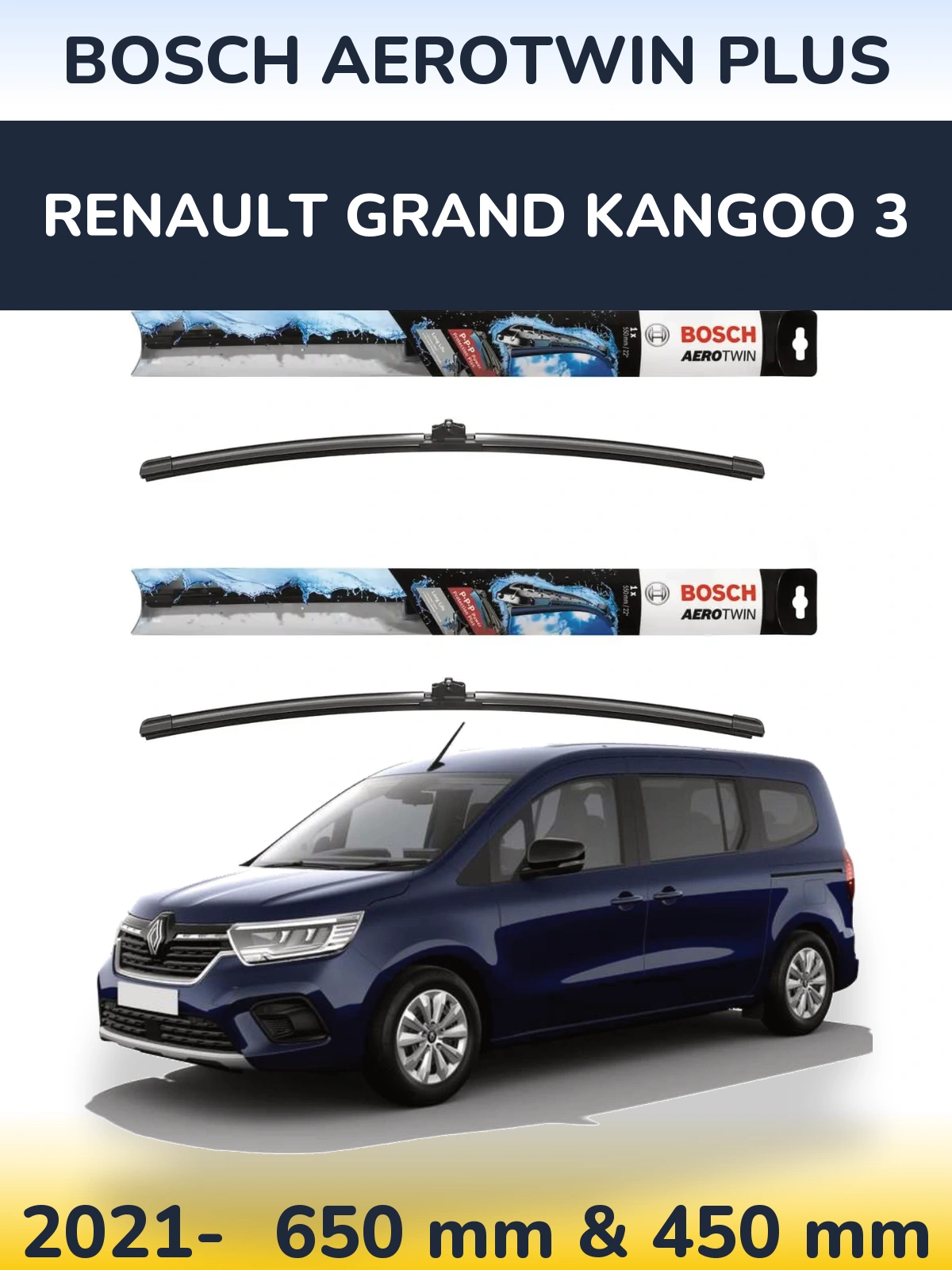 Front wiper blade set BOSCH AeroTwin Plus 650 & 450 mm for Renault Grand Kangoo 3 2021-2026