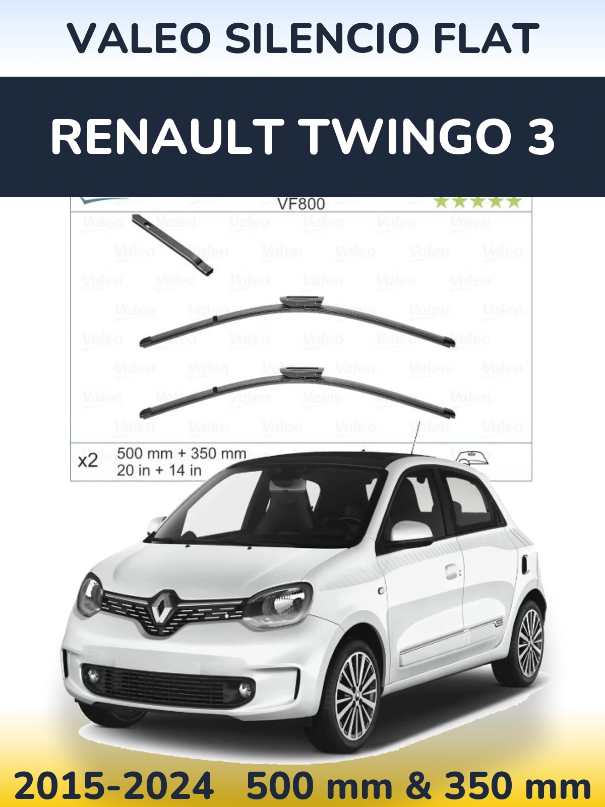 Front wiper blade set Valeo Silencio Flat 500 & 350 mm for Renault Twingo 3 2015-2024