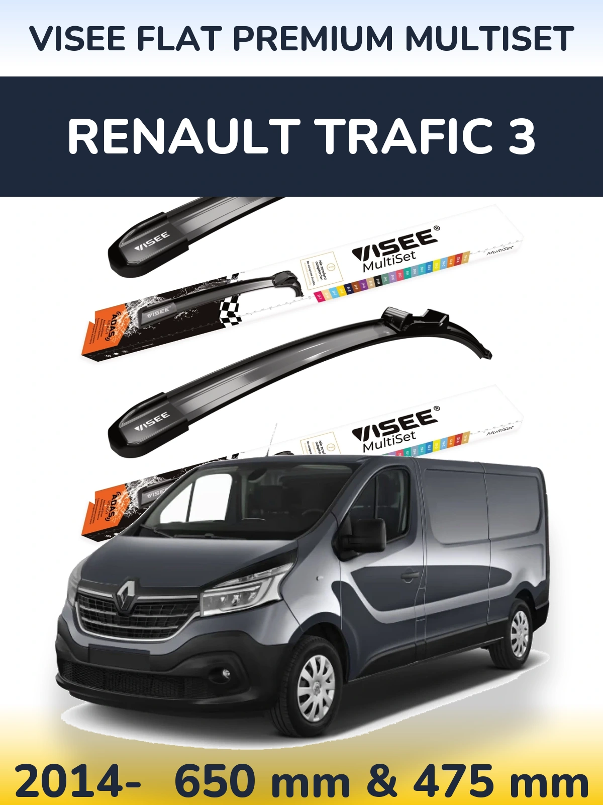Front wiper blade set VISEE FLAT PREMIUM MultiSet 650 & 475 mm for Renault Trafic 3 2014-2026