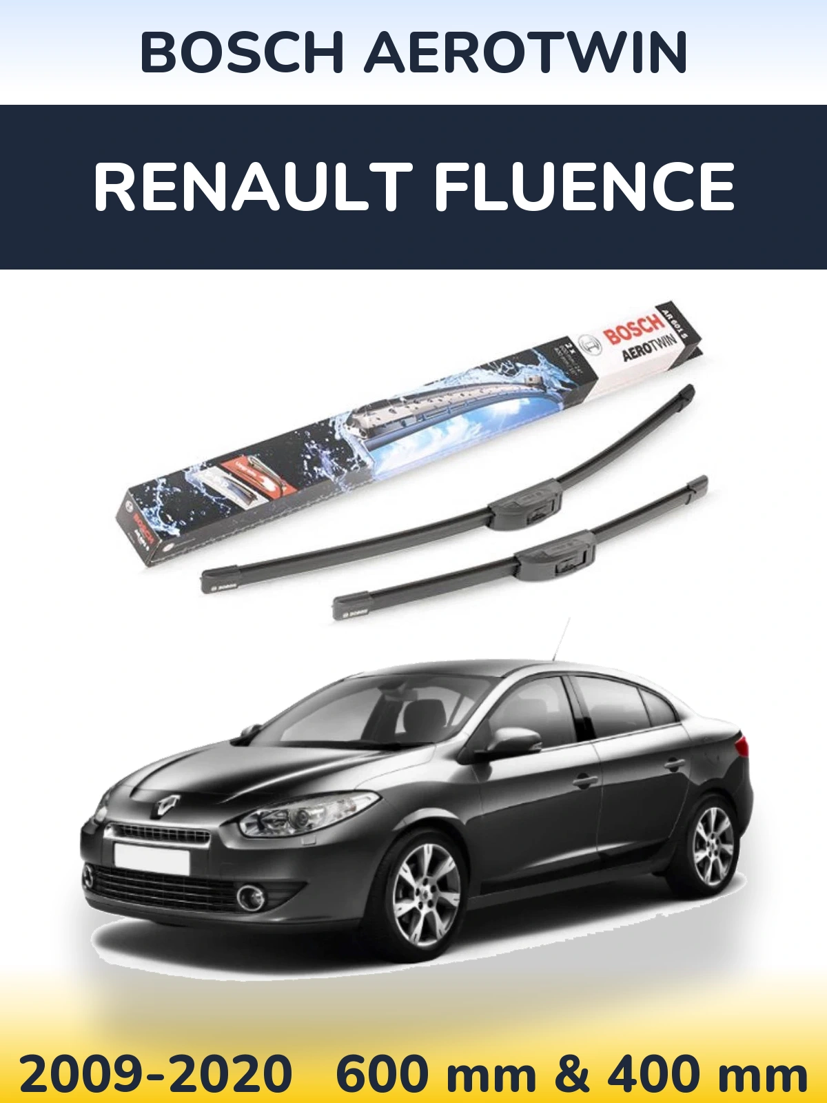 Front wiper blade set BOSCH AeroTwin 600 & 400 mm for Renault Fluence 2009-2020